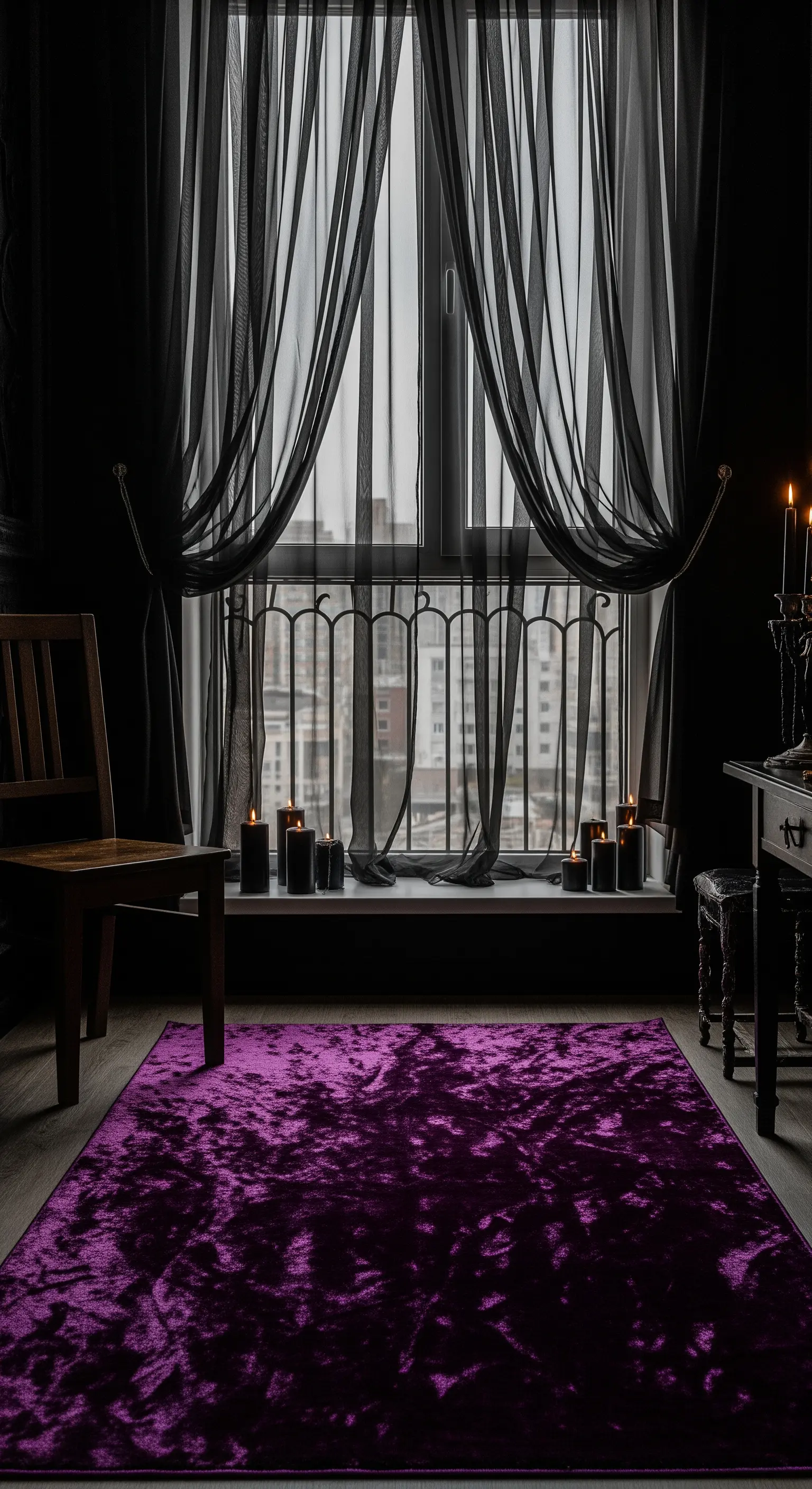 Interno con affaccio su balcone, tende in voile nero, candele scure e un tappeto in velluto viola.