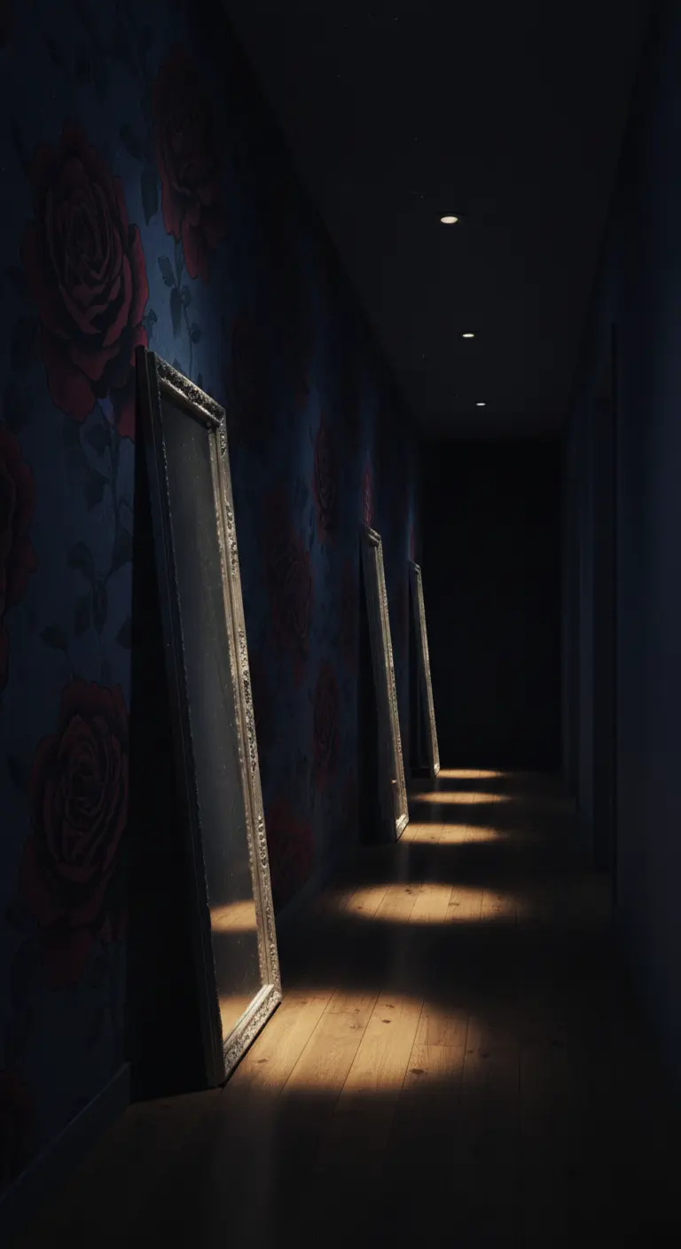 Corridoio buio con carta da parati a rose rosse e specchi appoggiati a terra illuminati da faretti.