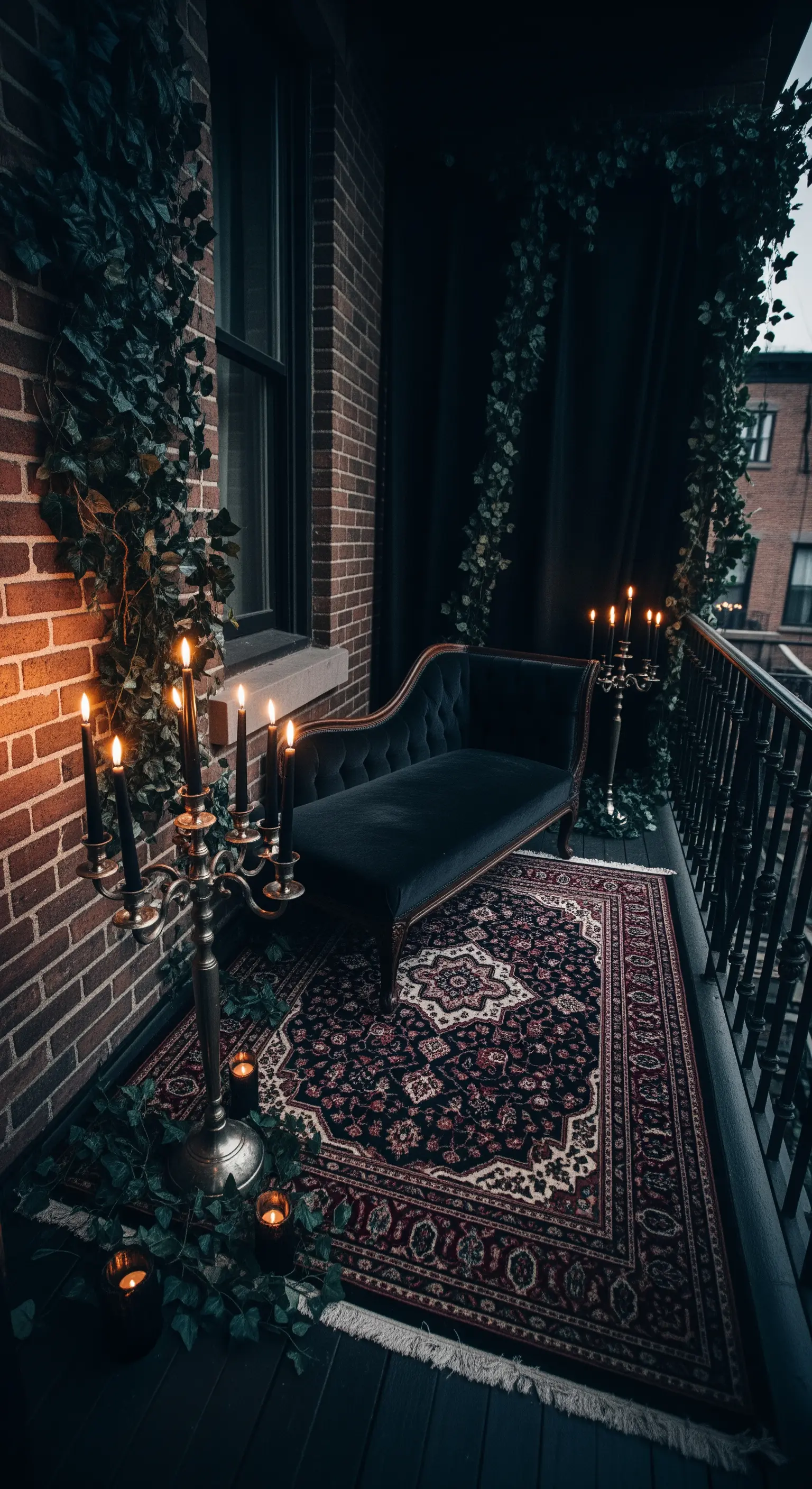 Balcone buio con tappeto persiano, chaise longue in velluto nero e candelabri antichi.