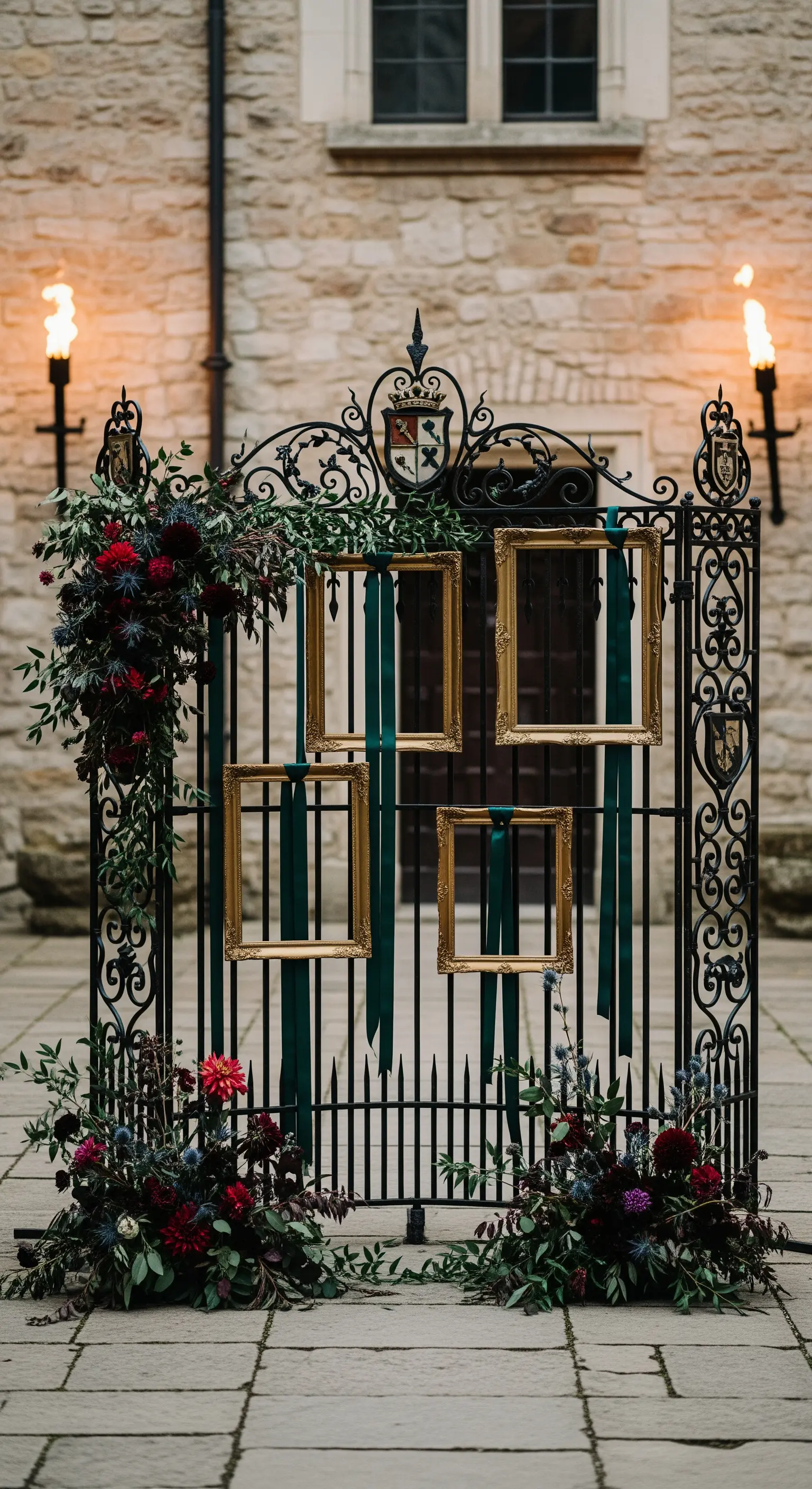 Cancello in ferro battuto decorato con cornici dorate vuote, nastri e composizioni floreali scure.