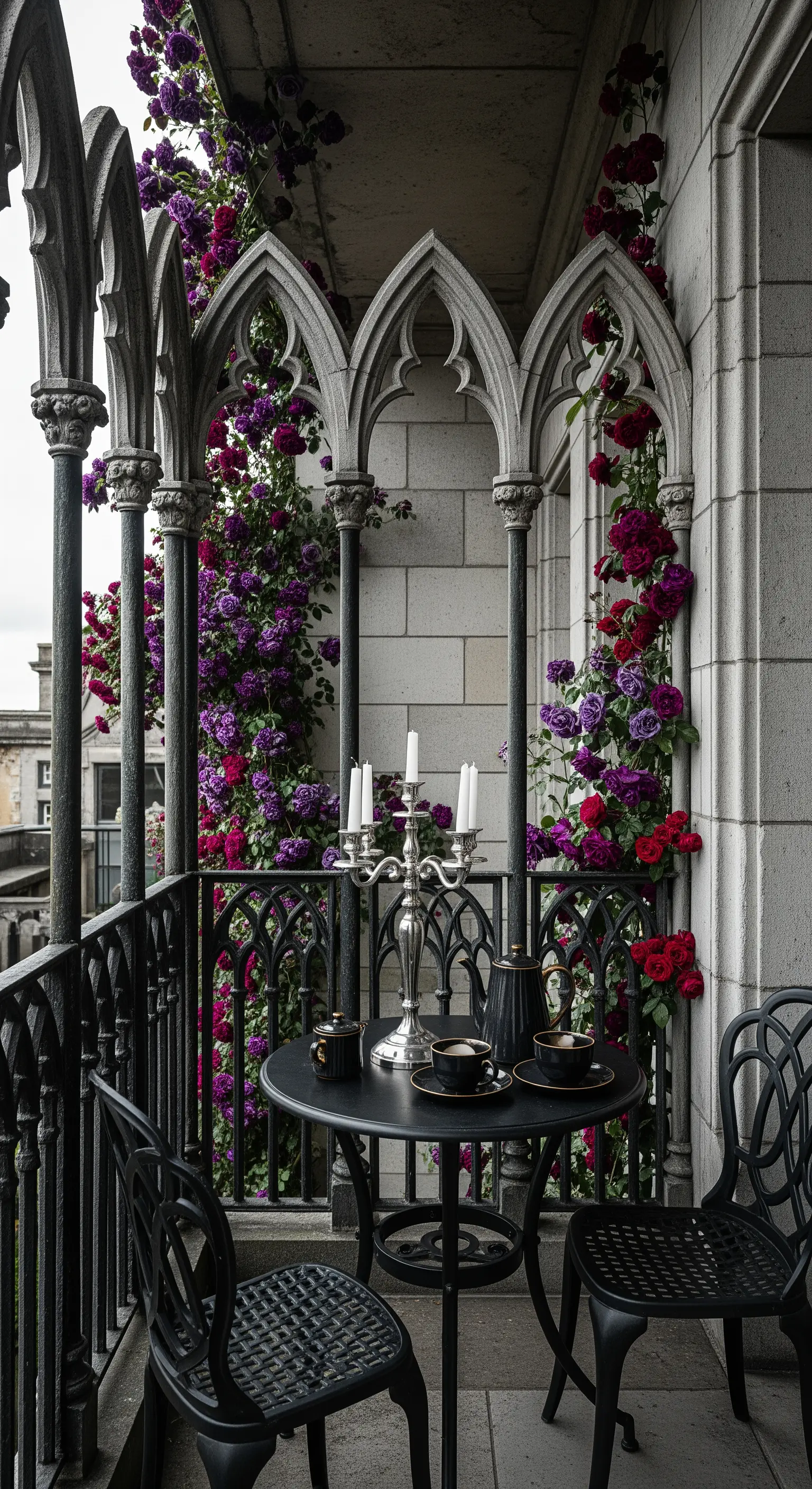 Balcone in stile gotico con archi in pietra, arredi neri e rose rampicanti viola e rosse