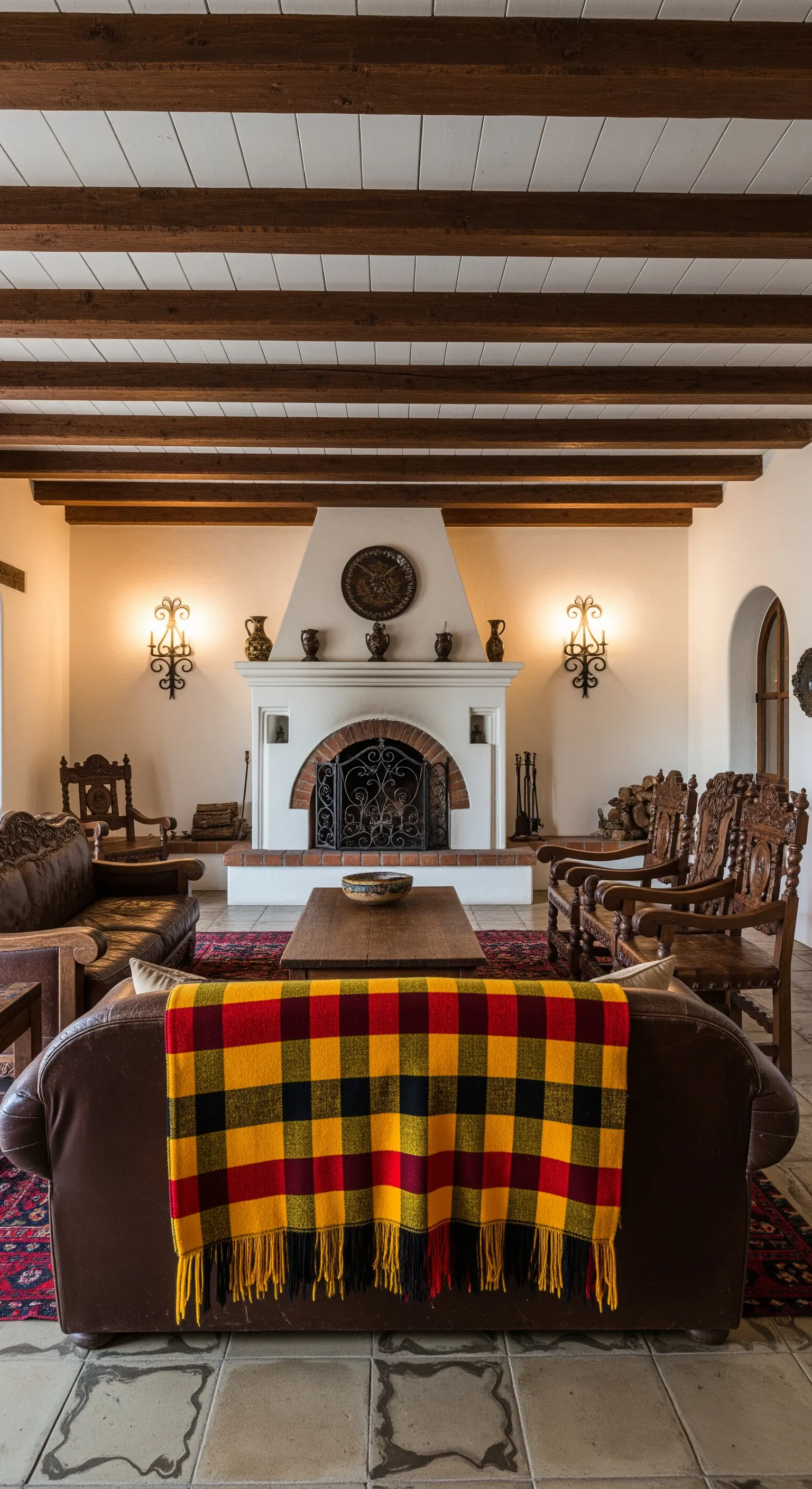 Soggiorno in stile hacienda con camino bianco, mobili in legno scuro e plaid colorato