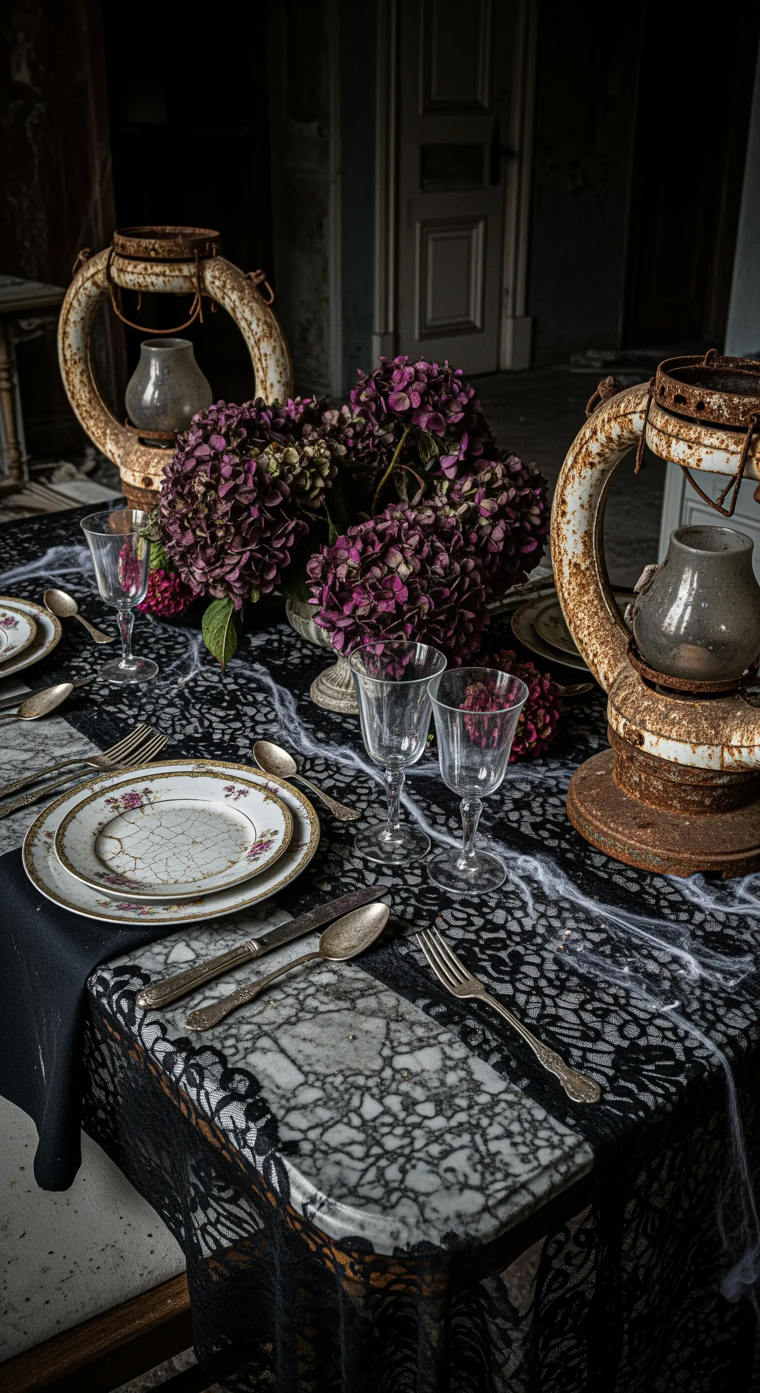 Tavola di Halloween decadente con lanterne arrugginite e fiori secchi.