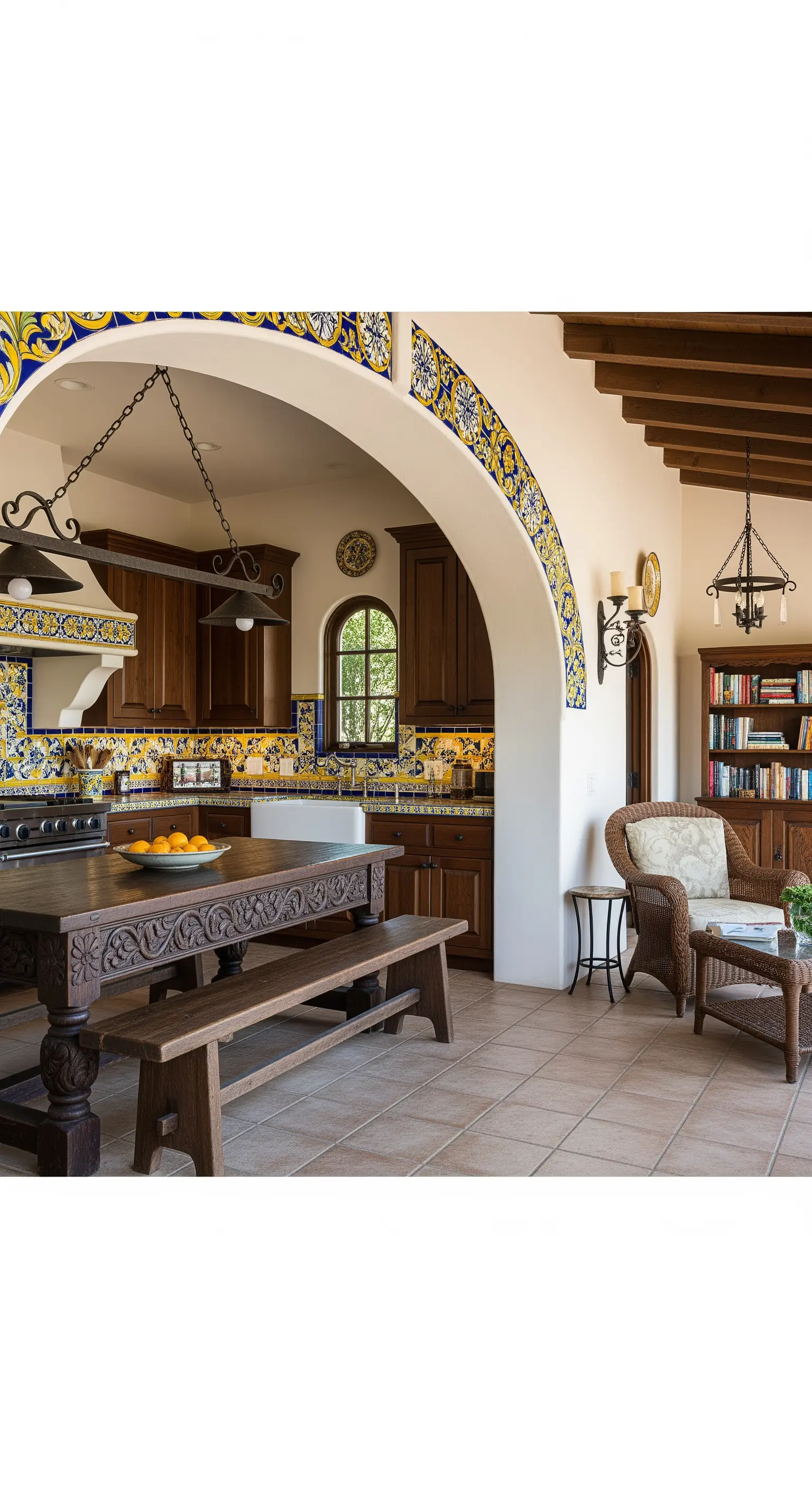 Cucina in stile mediterraneo con piastrelle decorate, arco e grande tavolo in legno scuro.