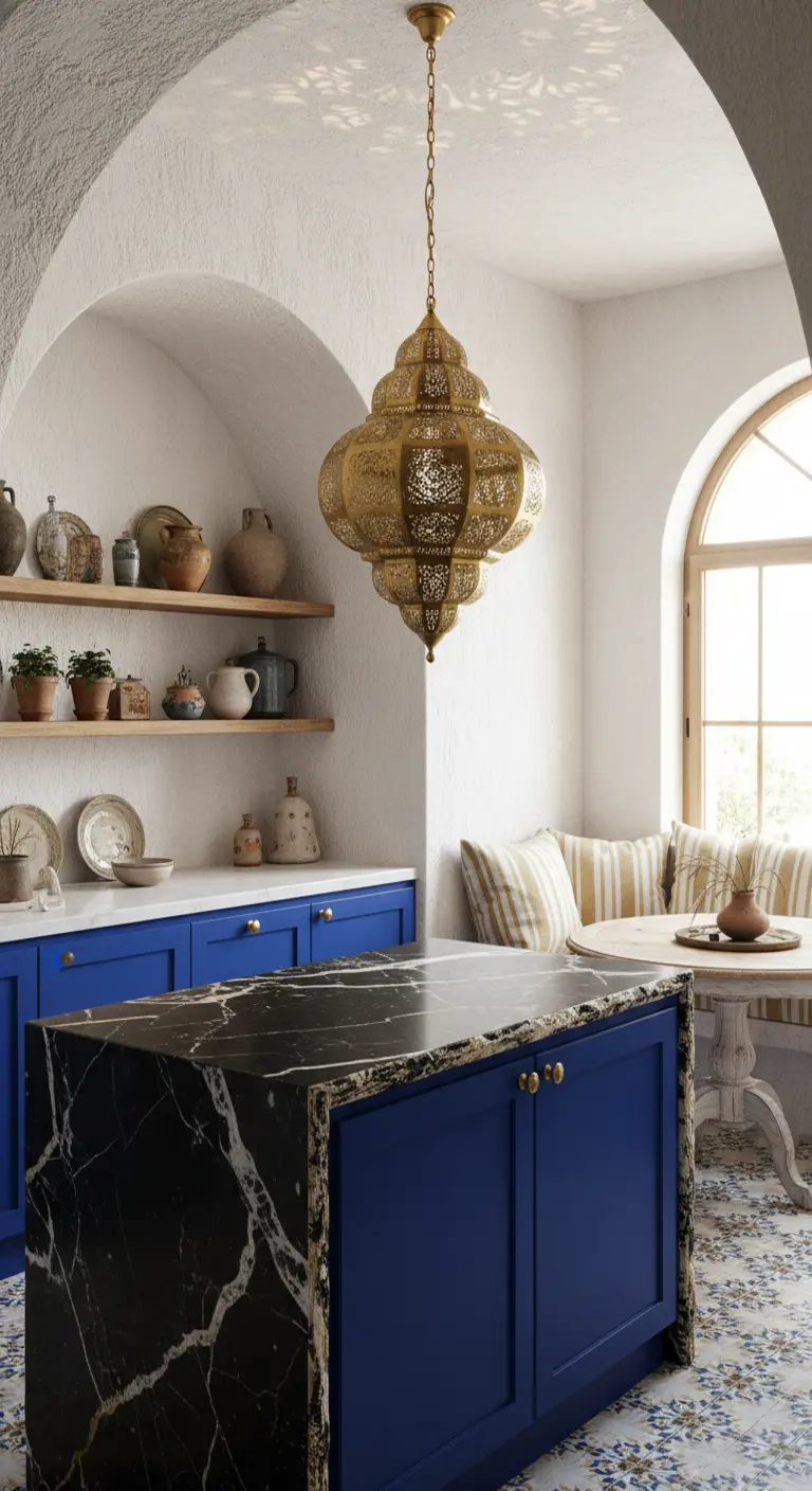 Cucina in stile mediterraneo con mobili blu, isola in marmo nero e lanterna marocchina dorata.