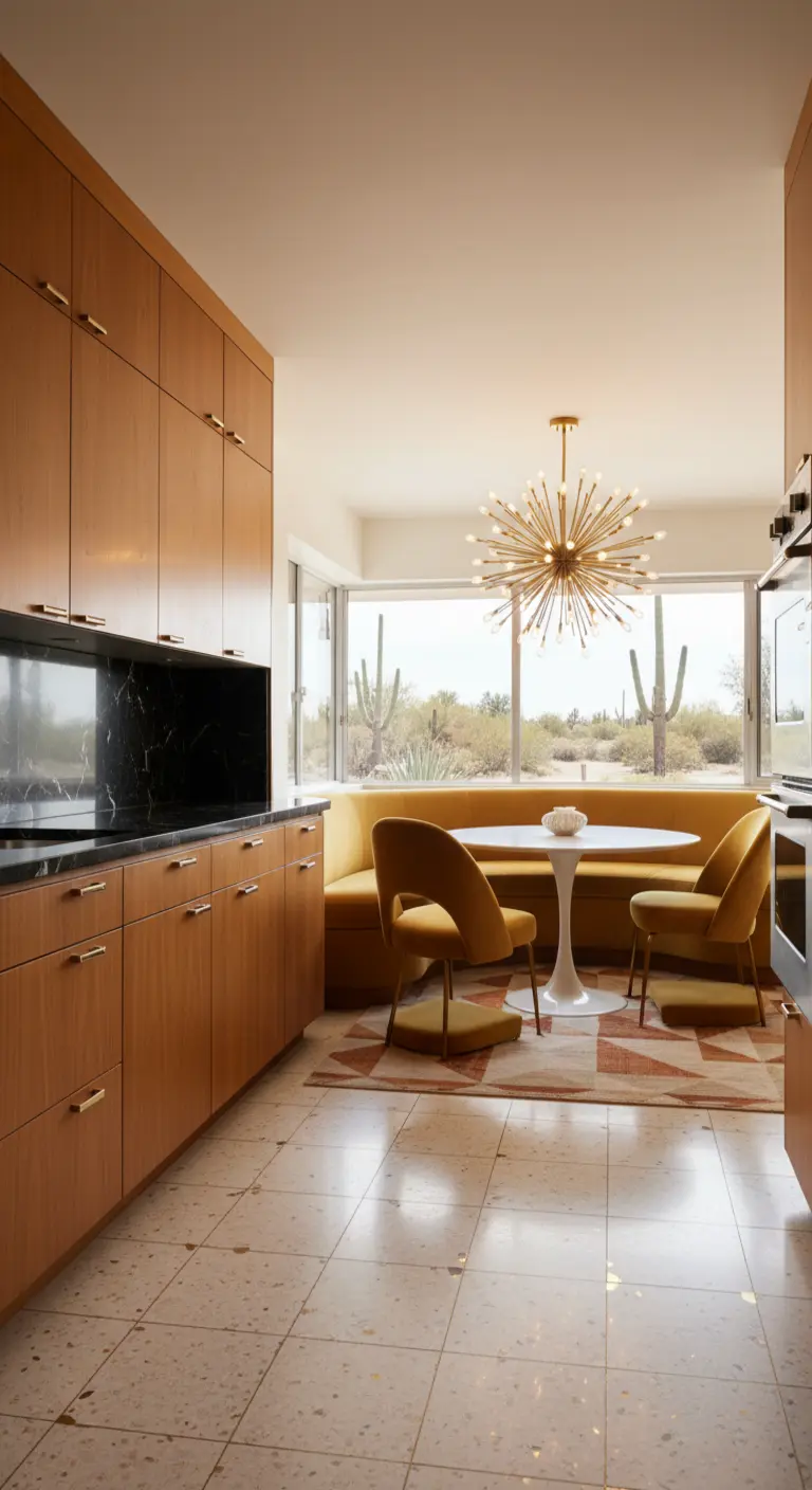 Cucina con mobili in legno, panca angolare gialla, tavolo Saarinen e lampadario sputnik.