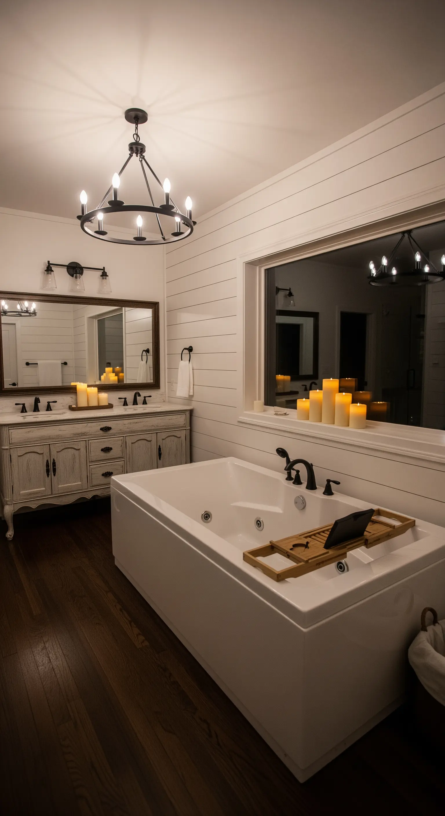 Bagno moderno in stile farmhouse con pareti shiplap e finiture nere.