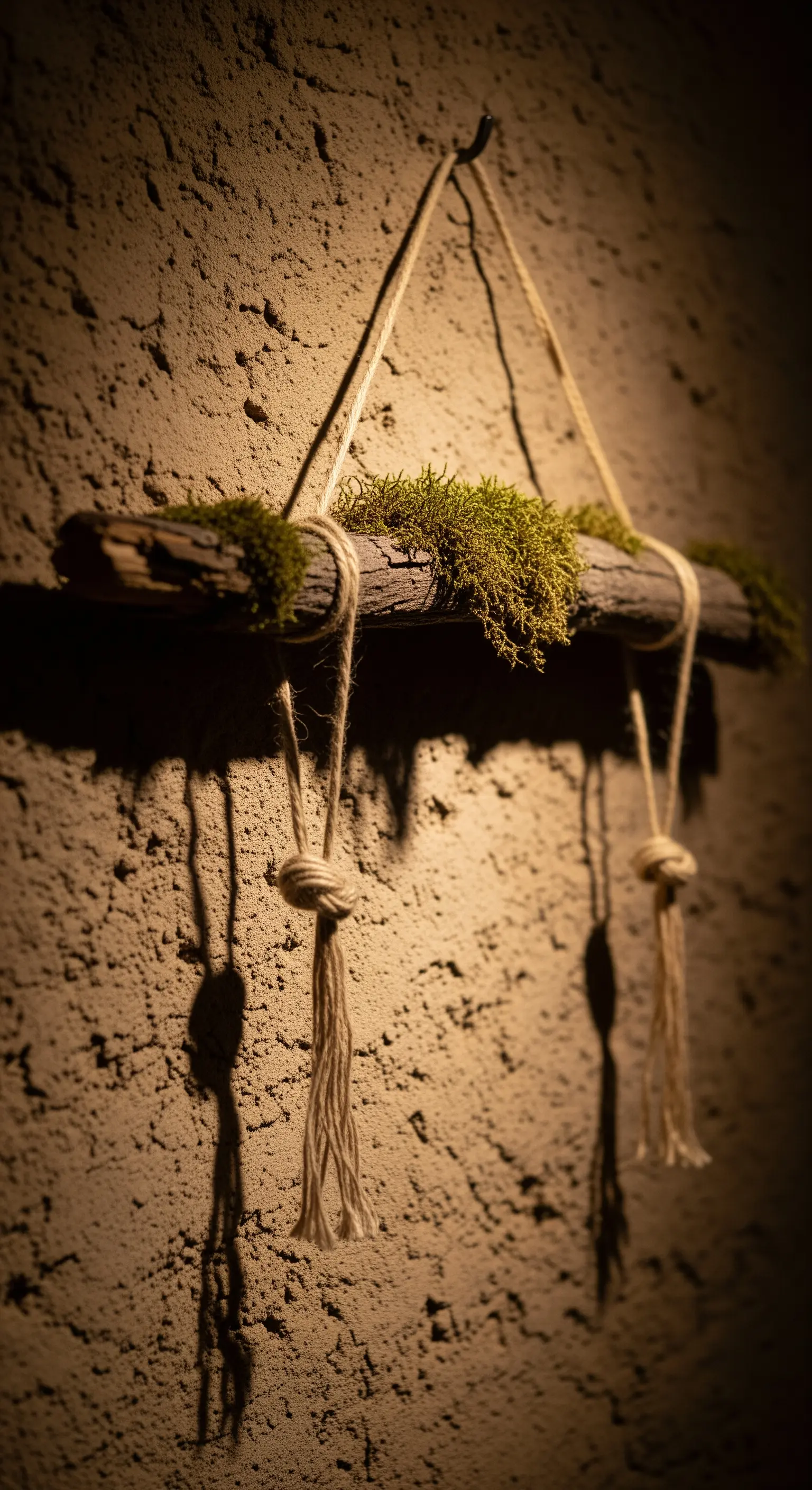 Ramo scuro con muschio verde vivo, appeso con spago grezzo a una parete materica.