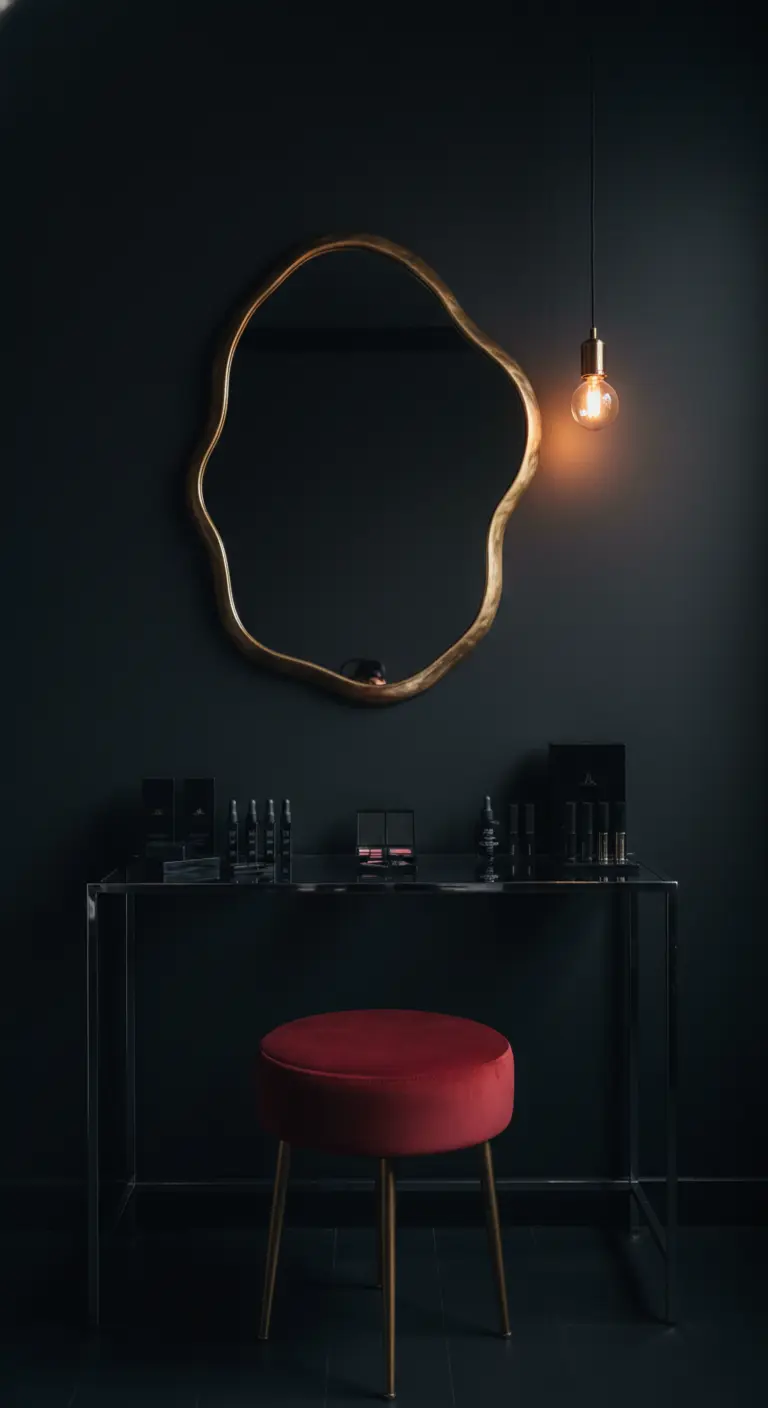 Angolo toeletta su parete nera con specchio organico dorato e sgabello rosso.