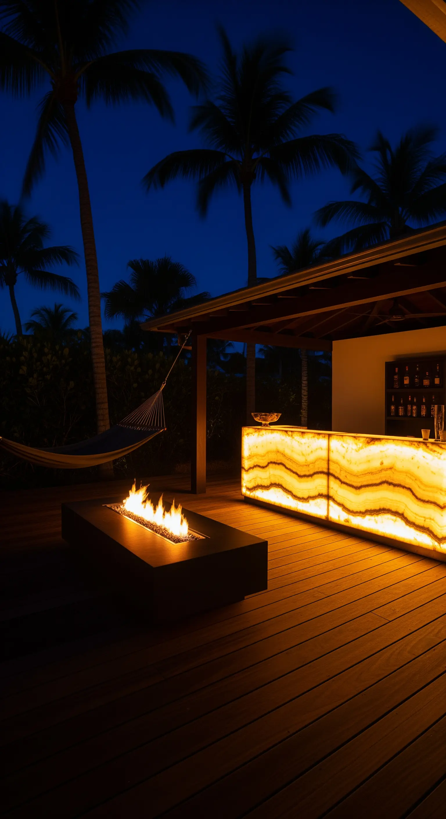 Terrazza notturna con bar in onice retroilluminato, braciere moderno e amaca tra le palme