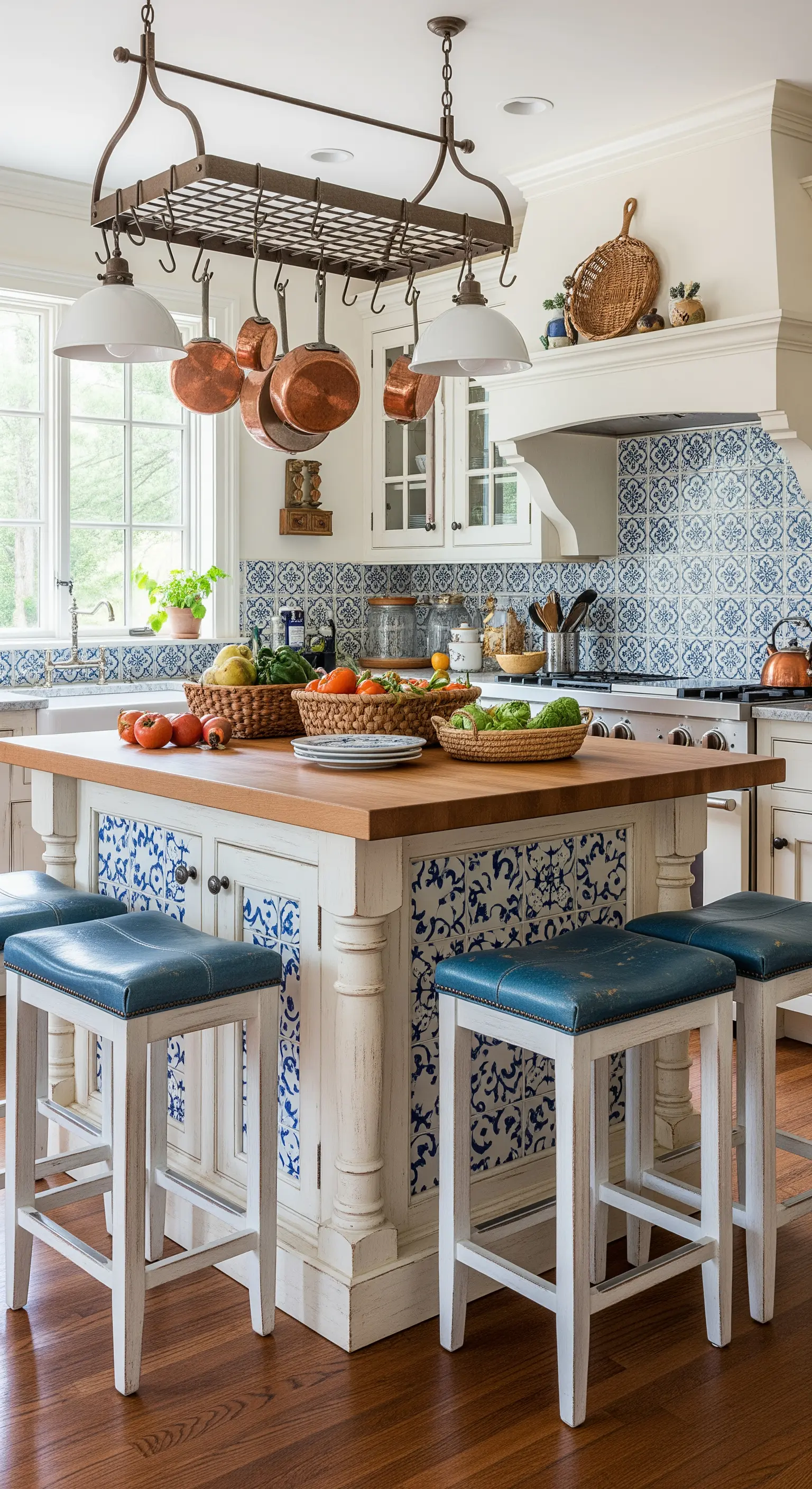 Isola bianca anticata con inserti in piastrelle blu e bianche e sgabelli in pelle blu.