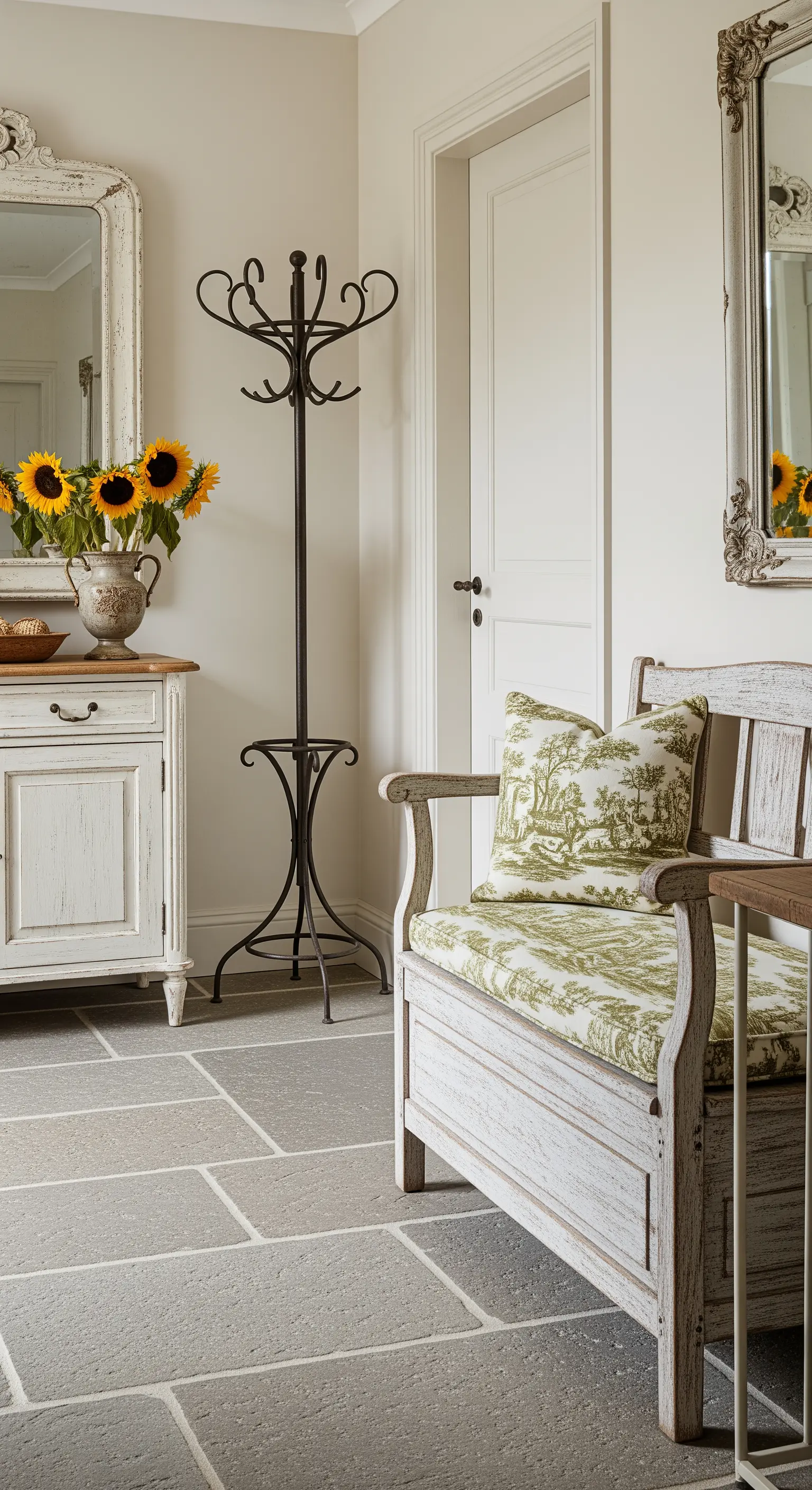 Ingresso in stile provenzale con panca con cuscino a stampa toile e un vaso di girasoli.