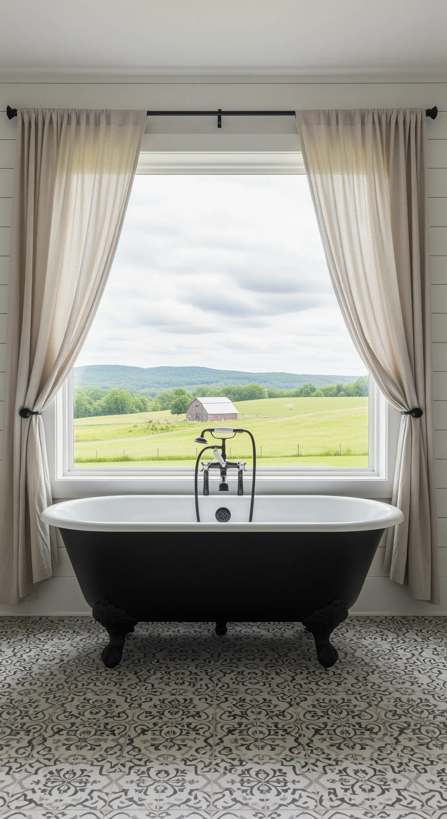 Vasca da bagno nera con piedini davanti a una finestra con vista sulla campagna, pavimento decorato.