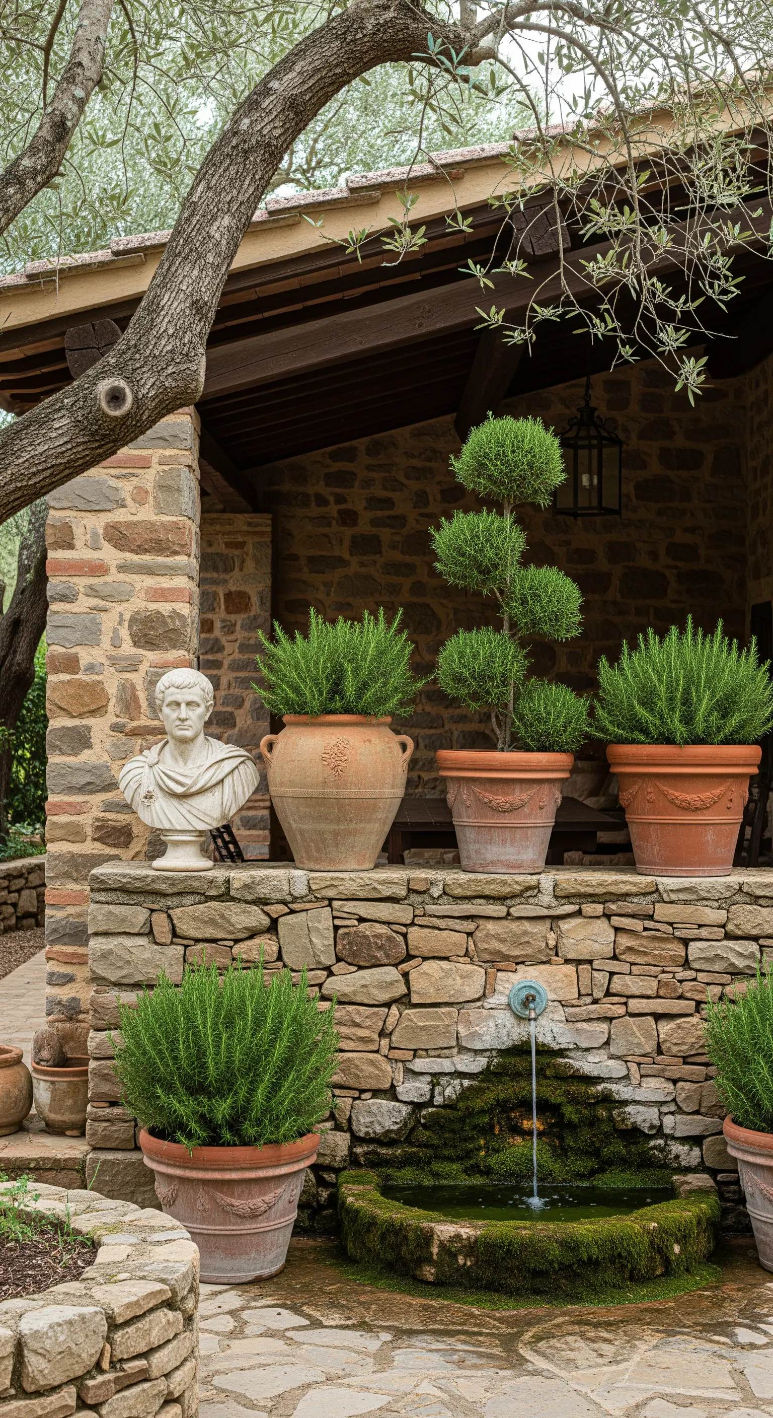 Muretto in pietra a secco con un busto in stile romano e vasi di terracotta con rosmarino.