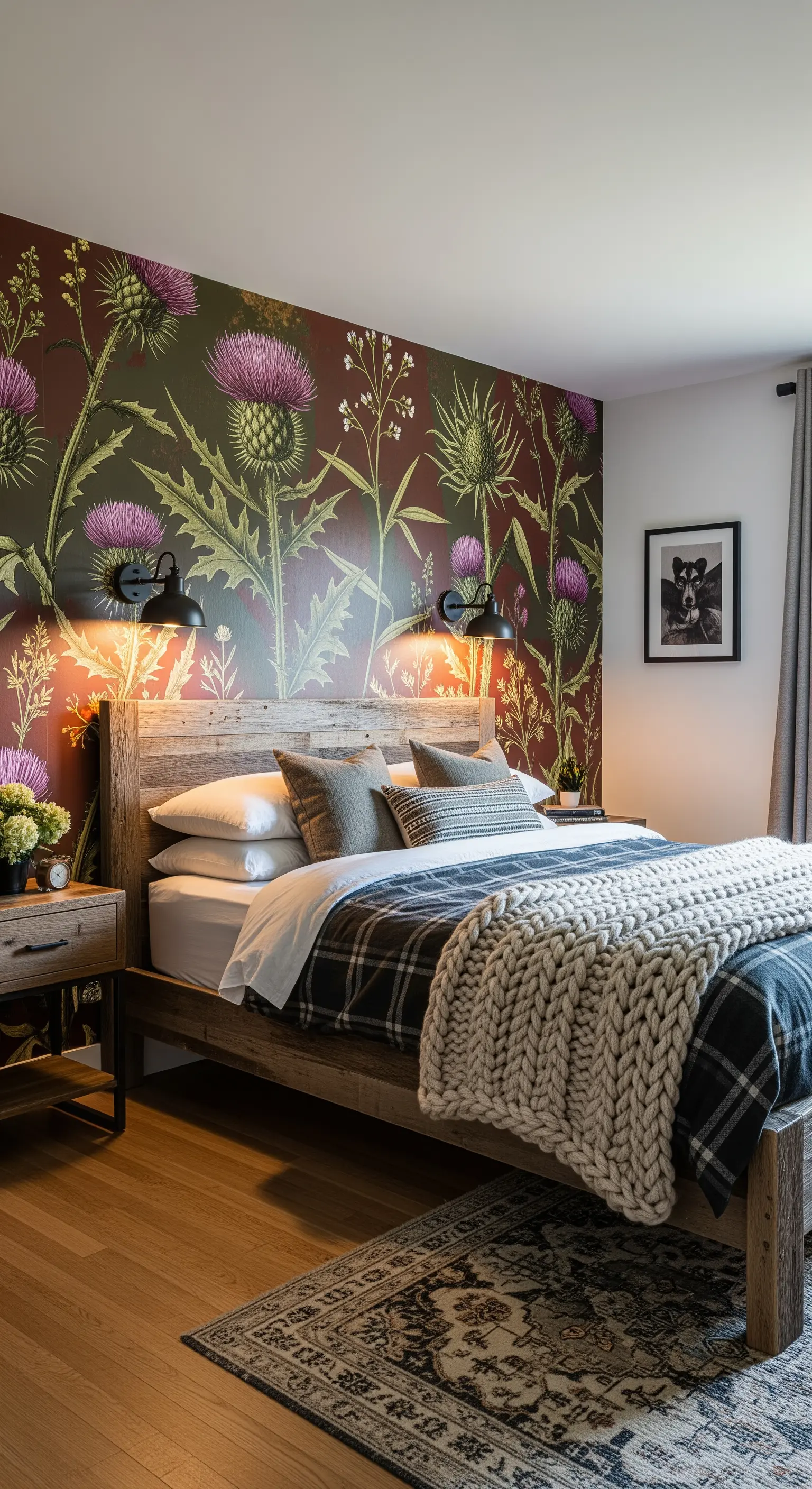 Letto in legno di recupero con carta da parati a tema cardi selvatici su fondo scuro.