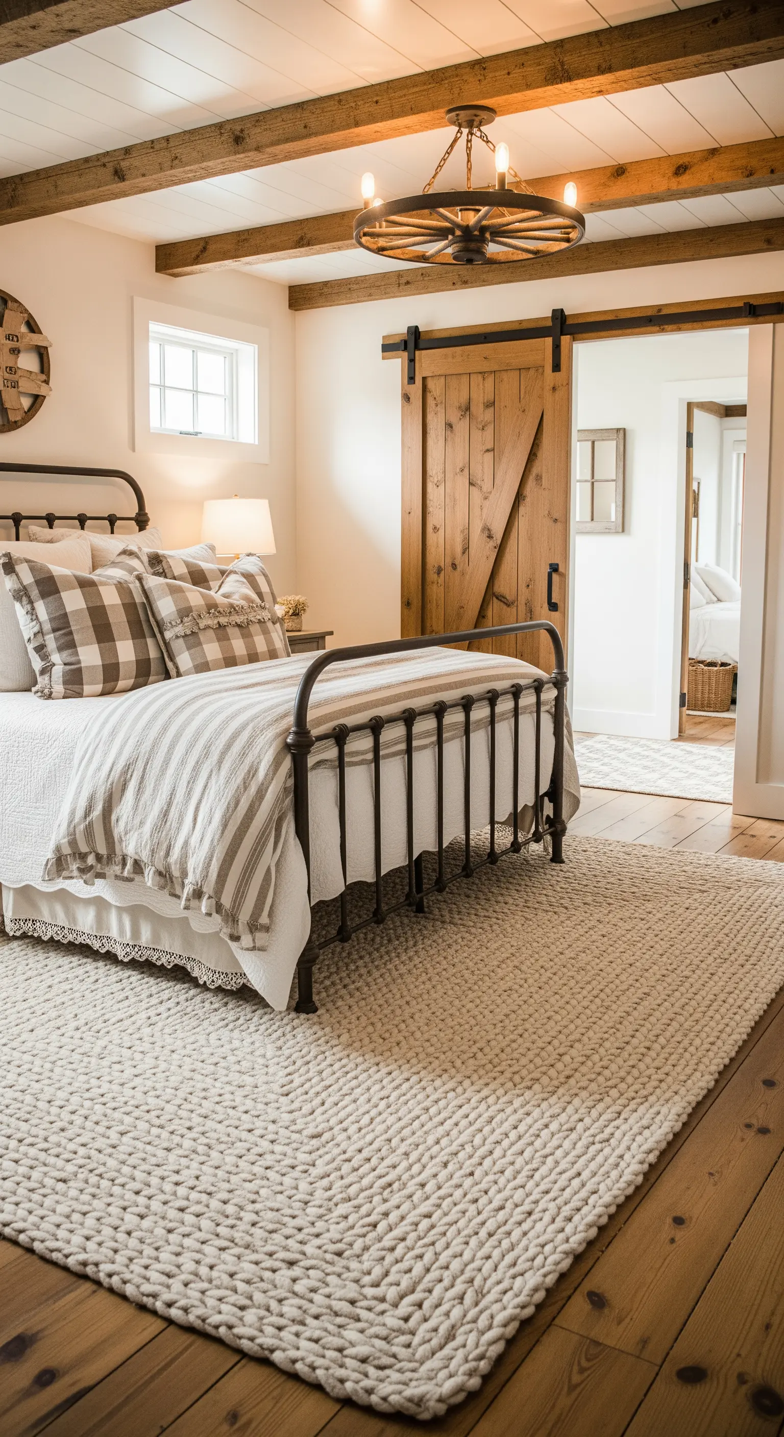 Camera da letto in stile farmhouse con letto in ferro battuto, porta da fienile e tappeto in lana intrecciata.