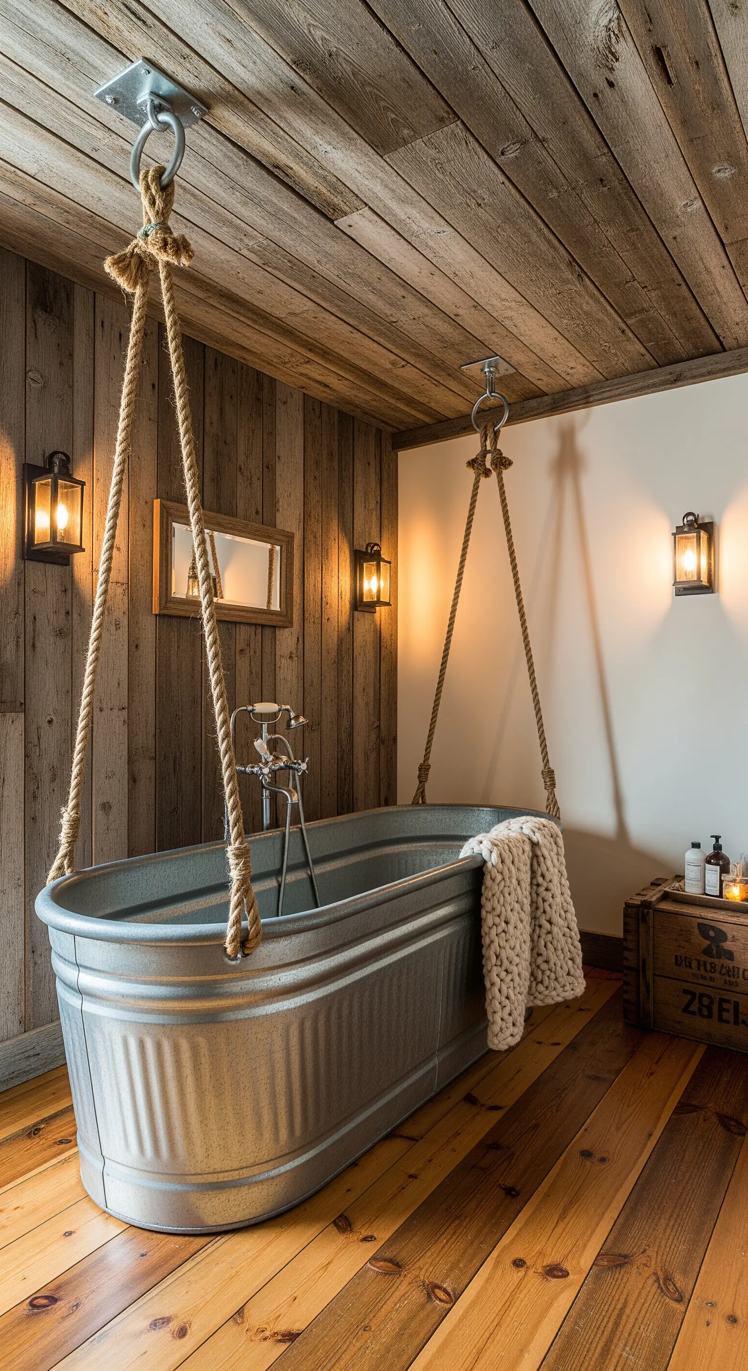 Vasca in metallo zincato sospesa con corde in un bagno rustico rivestito in legno.