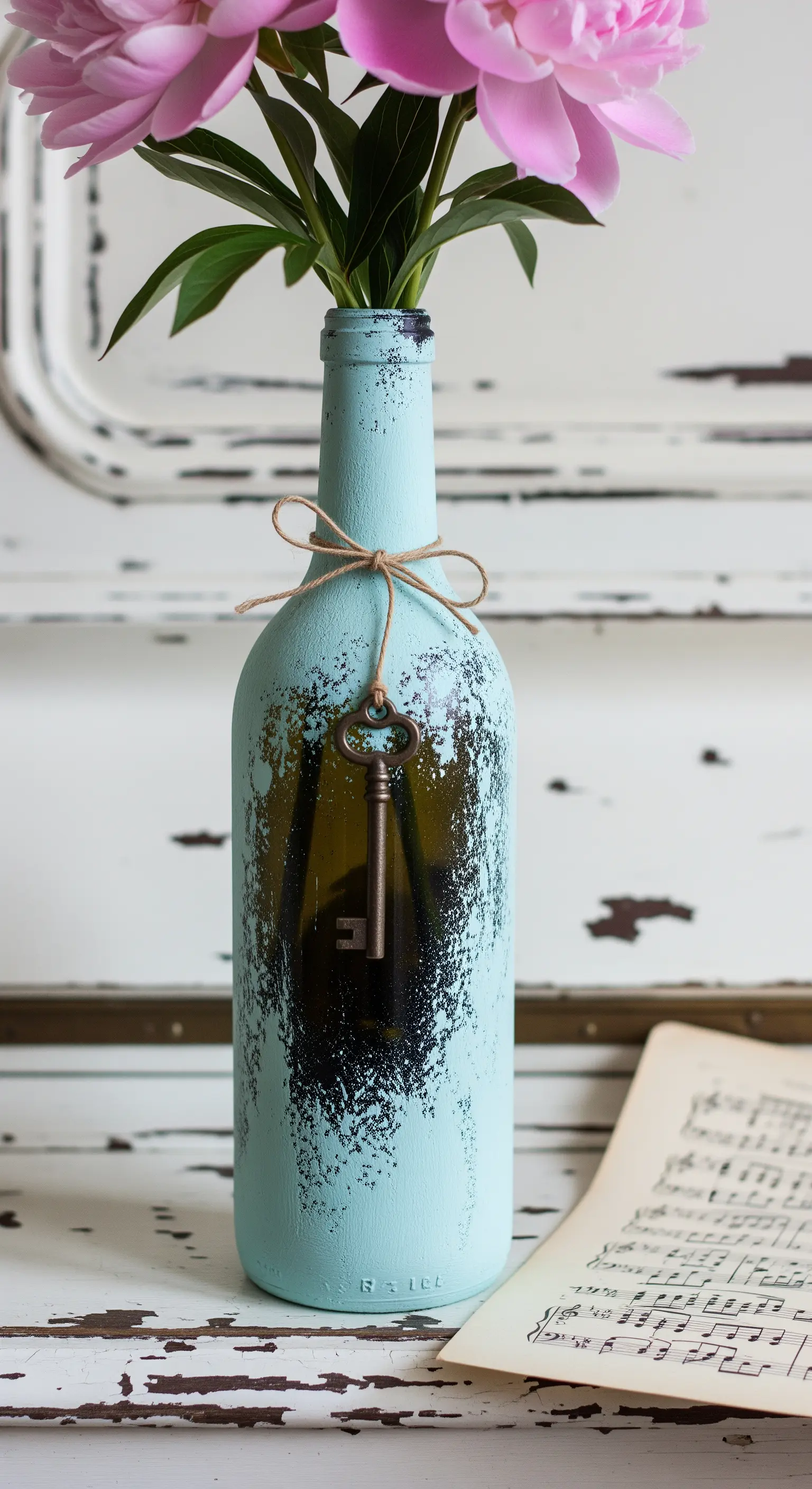 Vaso in bottiglia azzurra con finitura invecchiata e una vecchia chiave appesa.