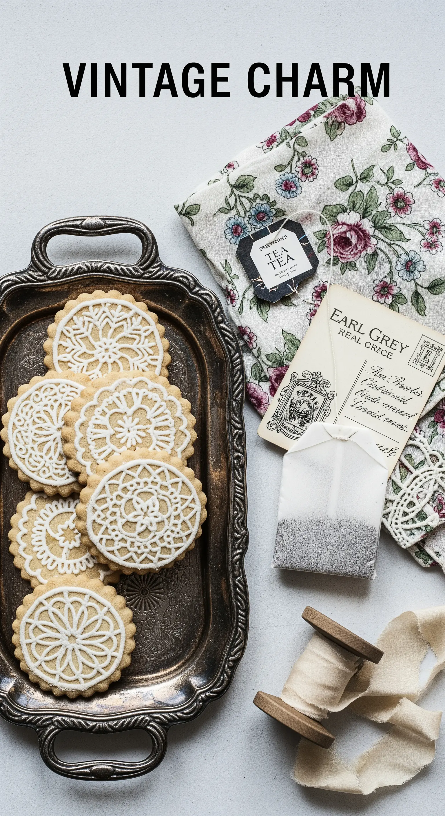 Biscotti decorati a effetto pizzo su un vassoio d'argento, con tè e accessori vintage.