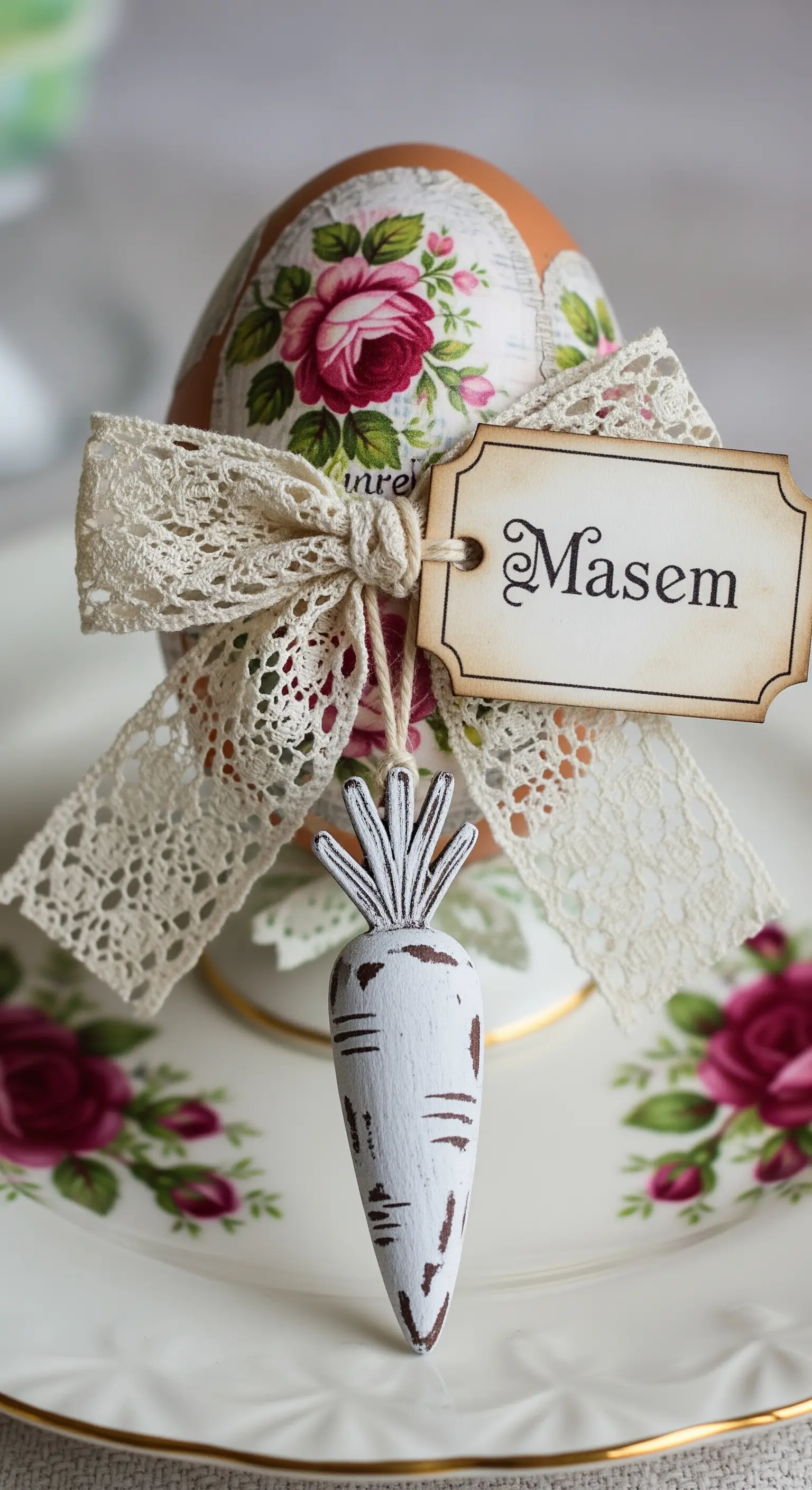 Segnaposto pasquale shabby chic con uovo decorato, pizzo e carota in legno decapato.