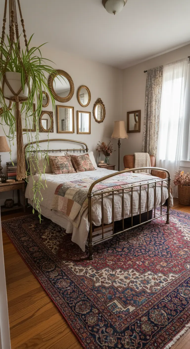 Letto in ferro battuto con una parete di specchi vintage e una coperta patchwork.