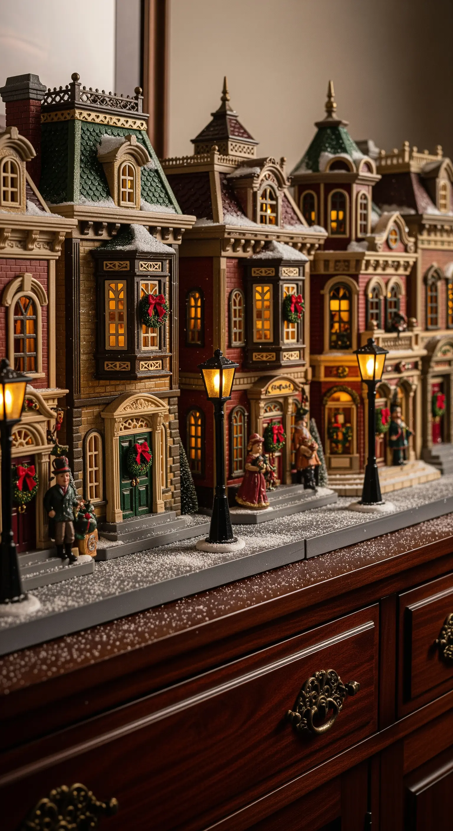Dettagliato villaggio natalizio in stile vittoriano con edifici illuminati e lampioni.