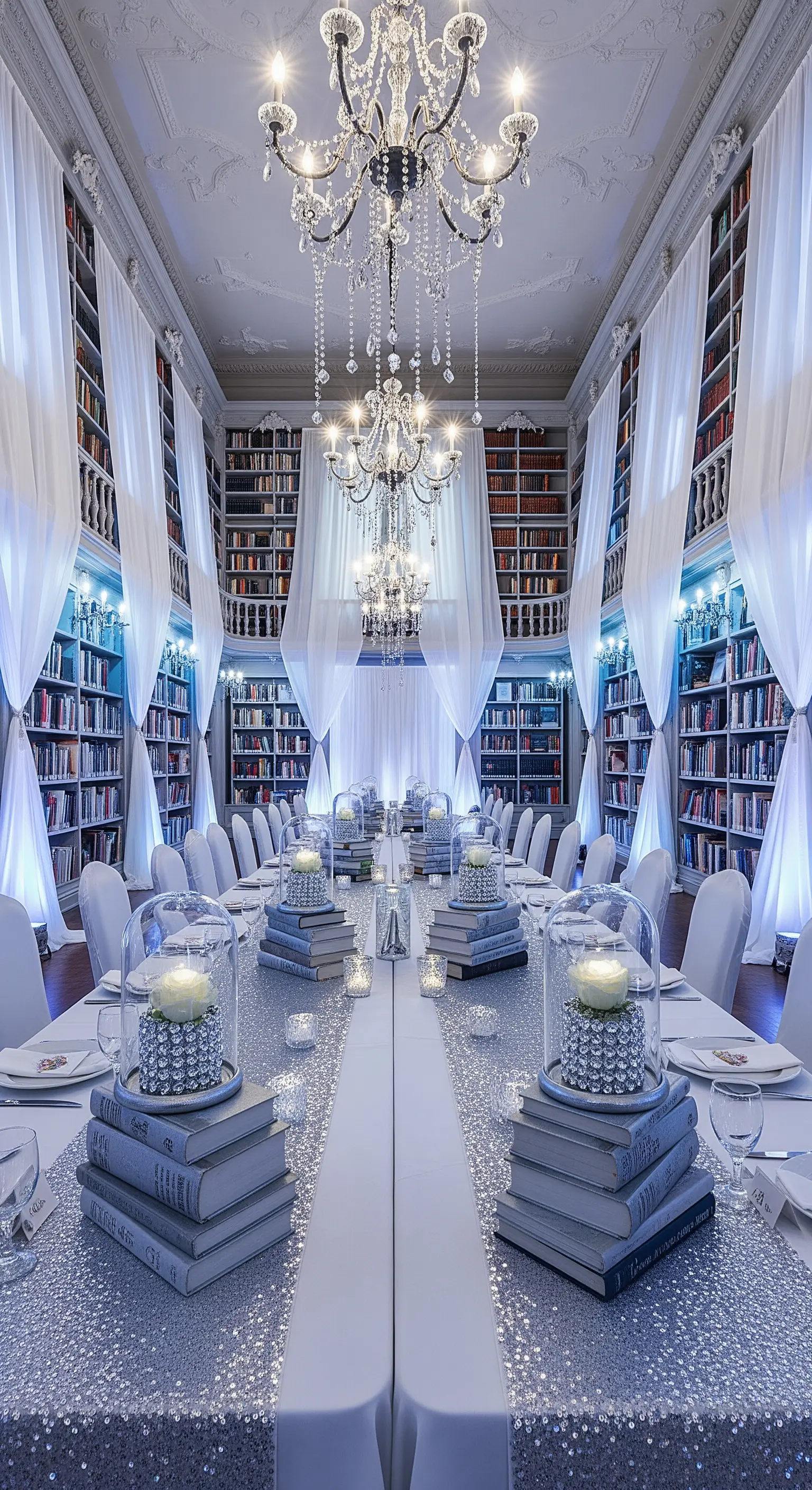 Tavolata invernale in una biblioteca con runner argentato e decorazioni in cristallo.