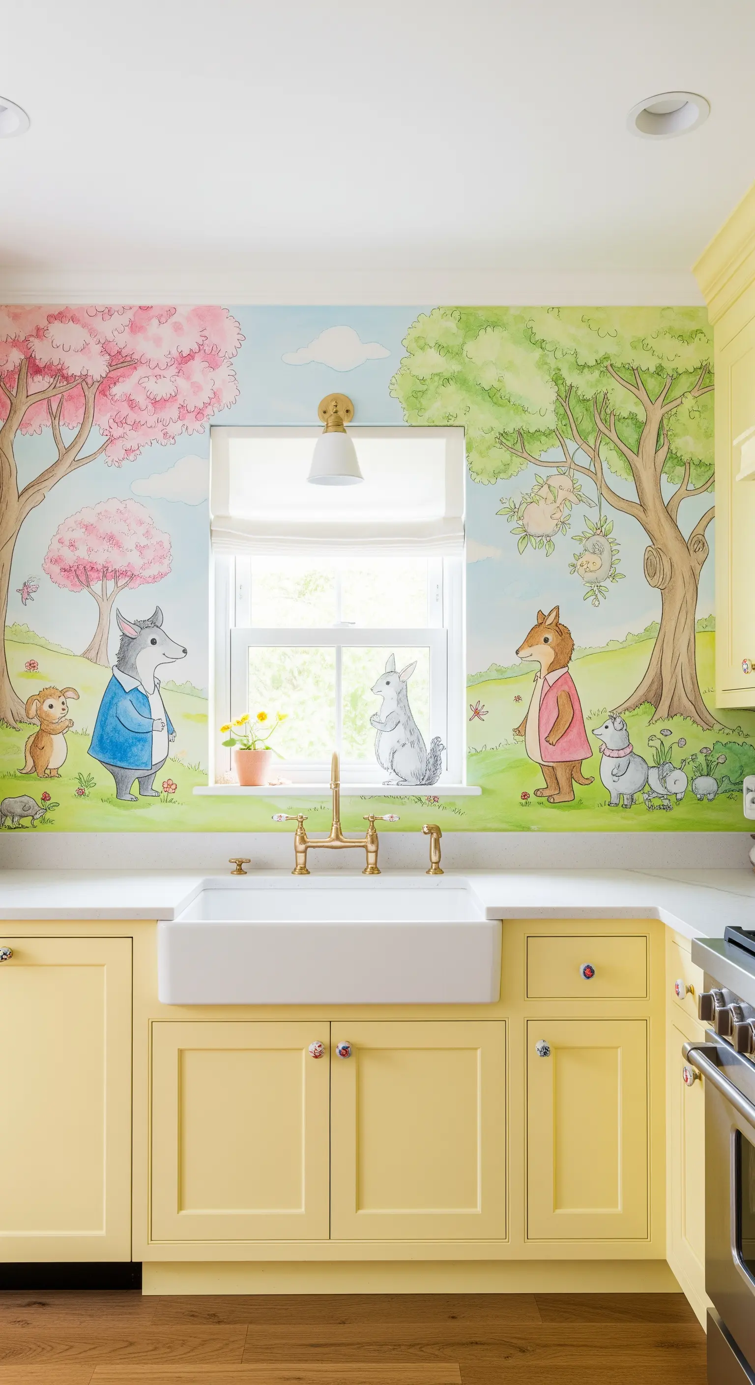 Cucina gialla con un murale a tema libro per bambini con animali del bosco.
