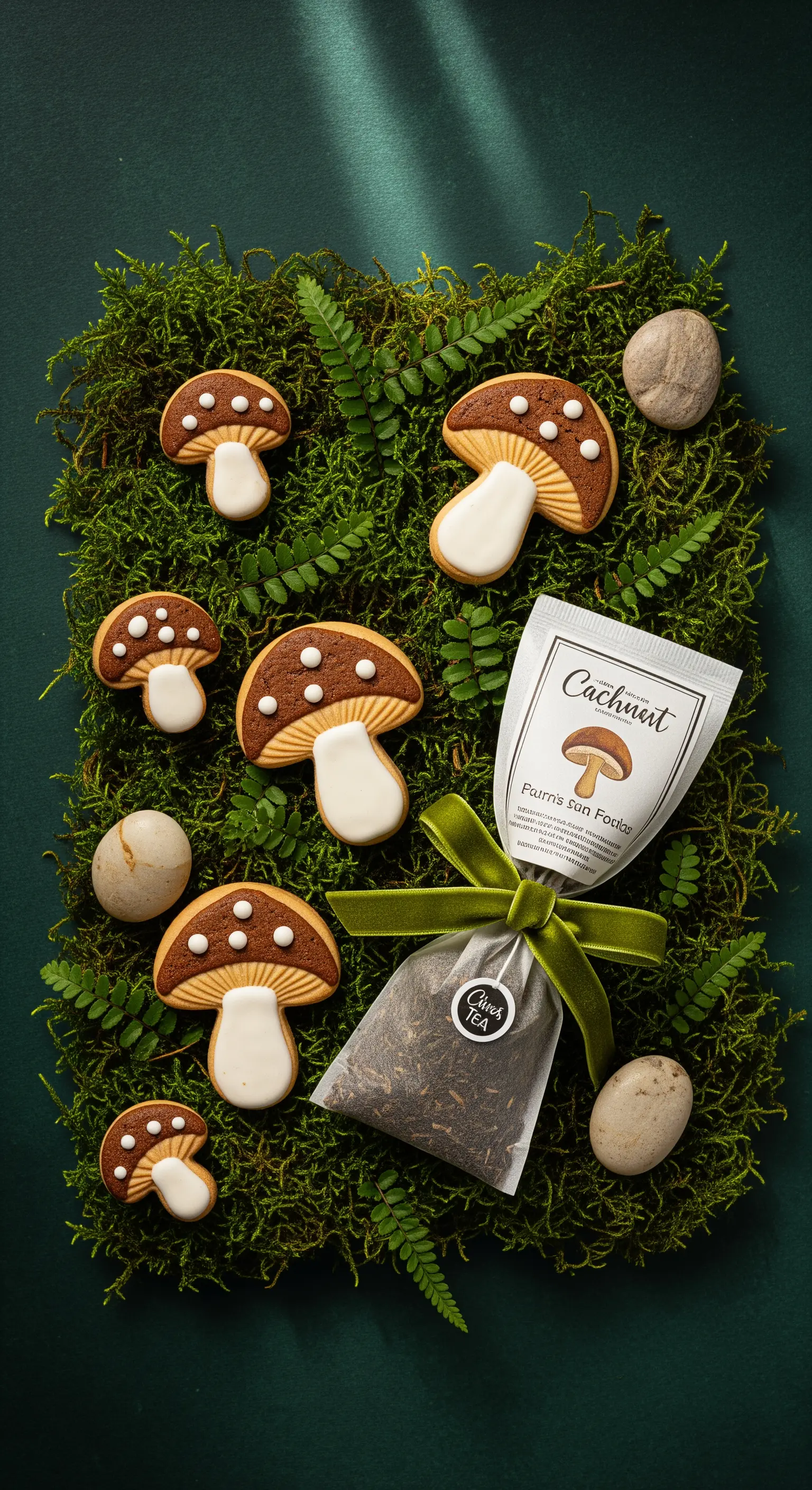 Biscotti a forma di fungo e una bustina di tè a tema su un letto di muschio vero.