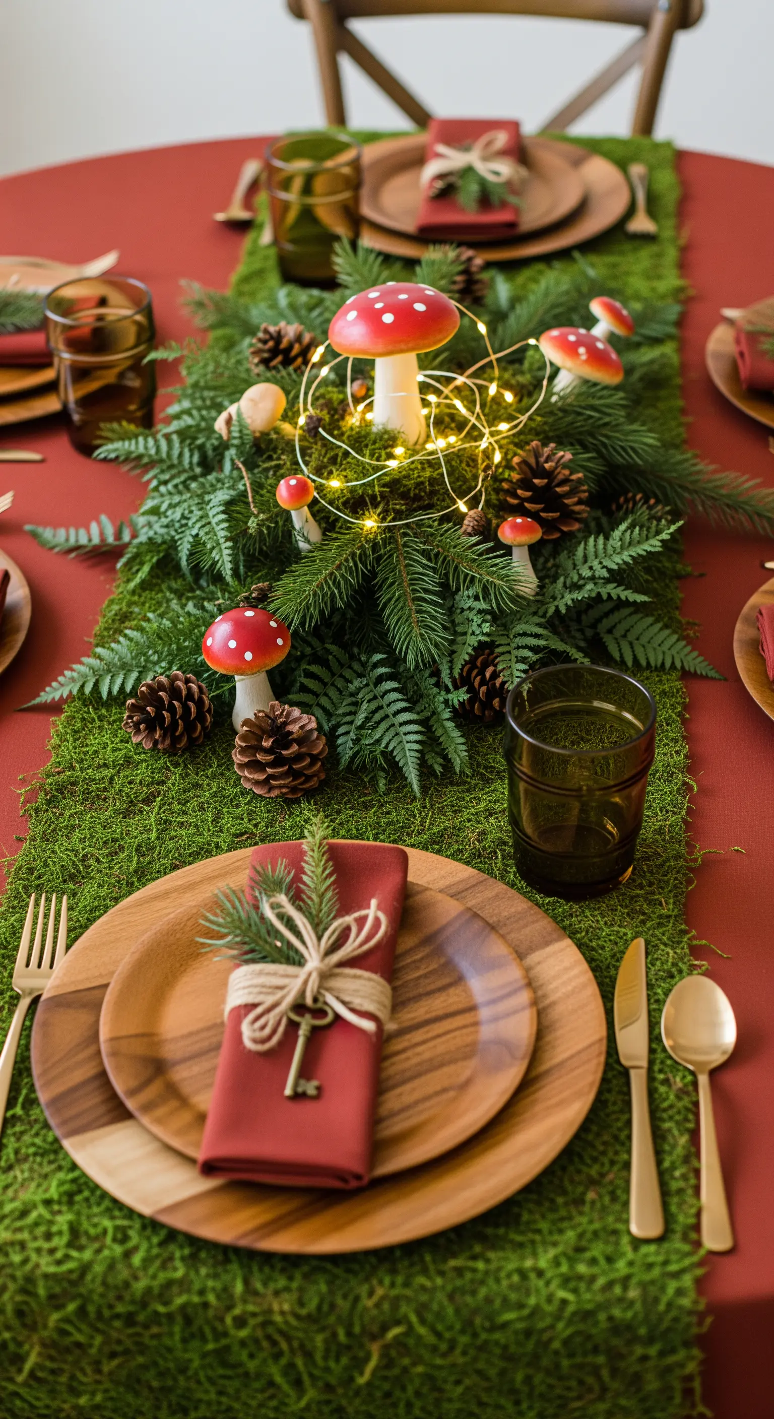 Runner di muschio con funghi decorativi, pigne e lucine a led.