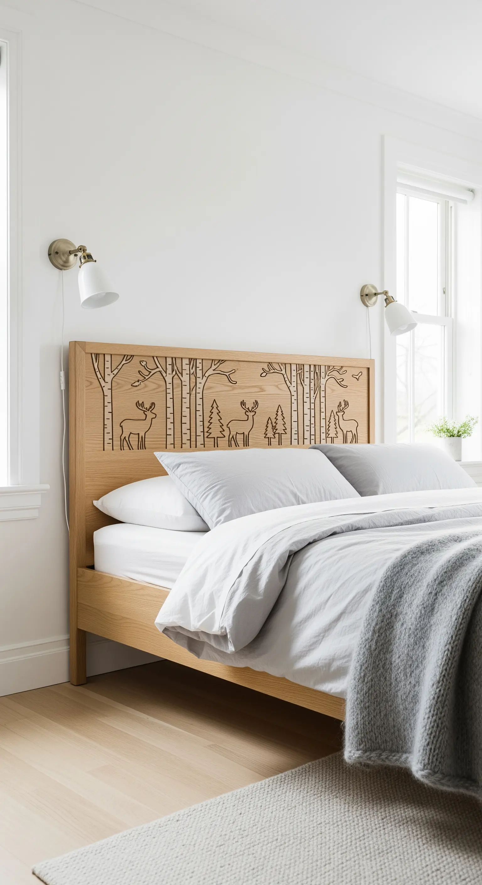 Testiera in legno chiaro con un'incisione stilizzata di cervi e alberi in una camera scandinava.