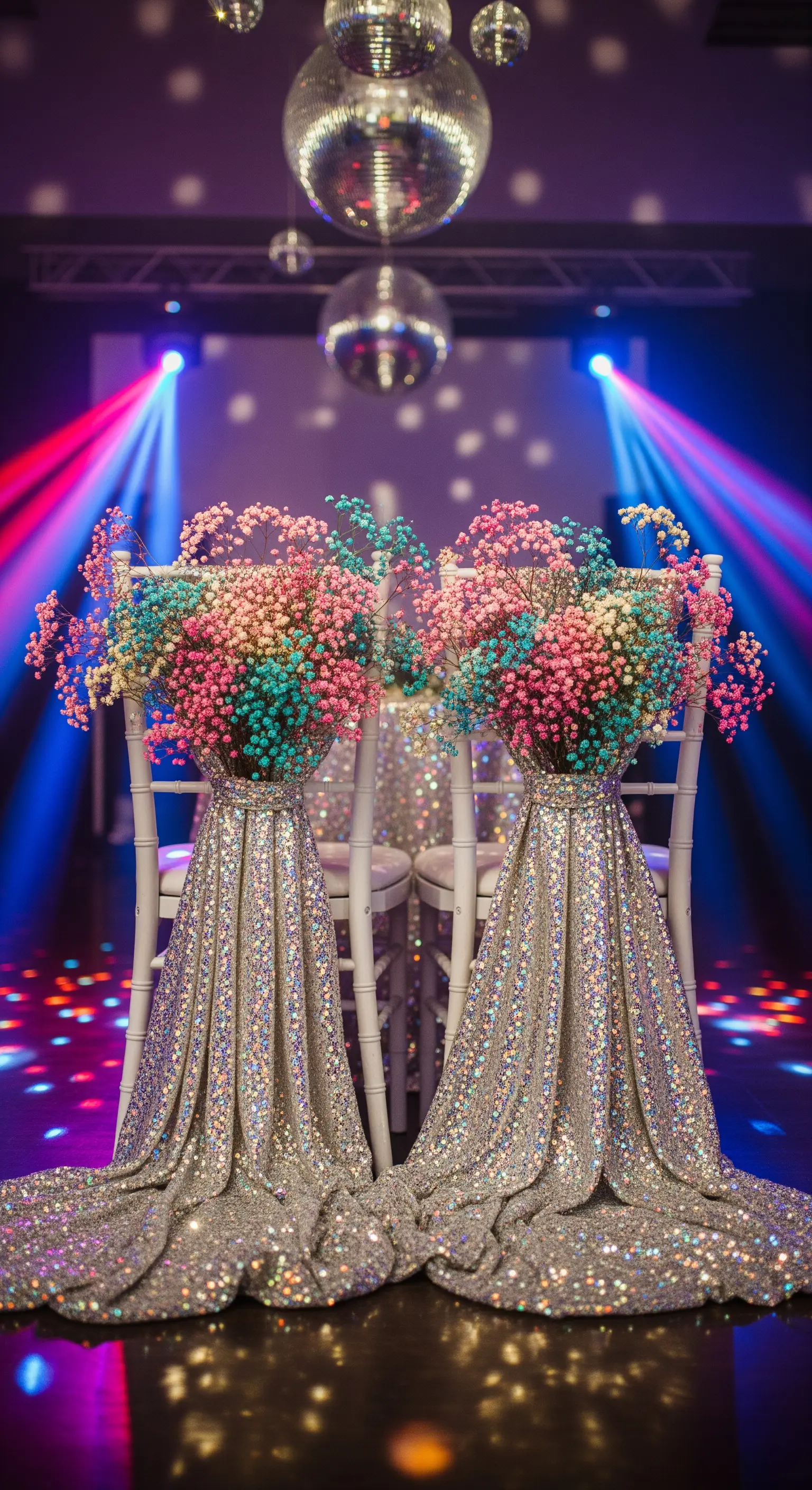 Sedie coperte di paillettes argentate con bouquet di gypsophila colorata, sotto una disco ball.