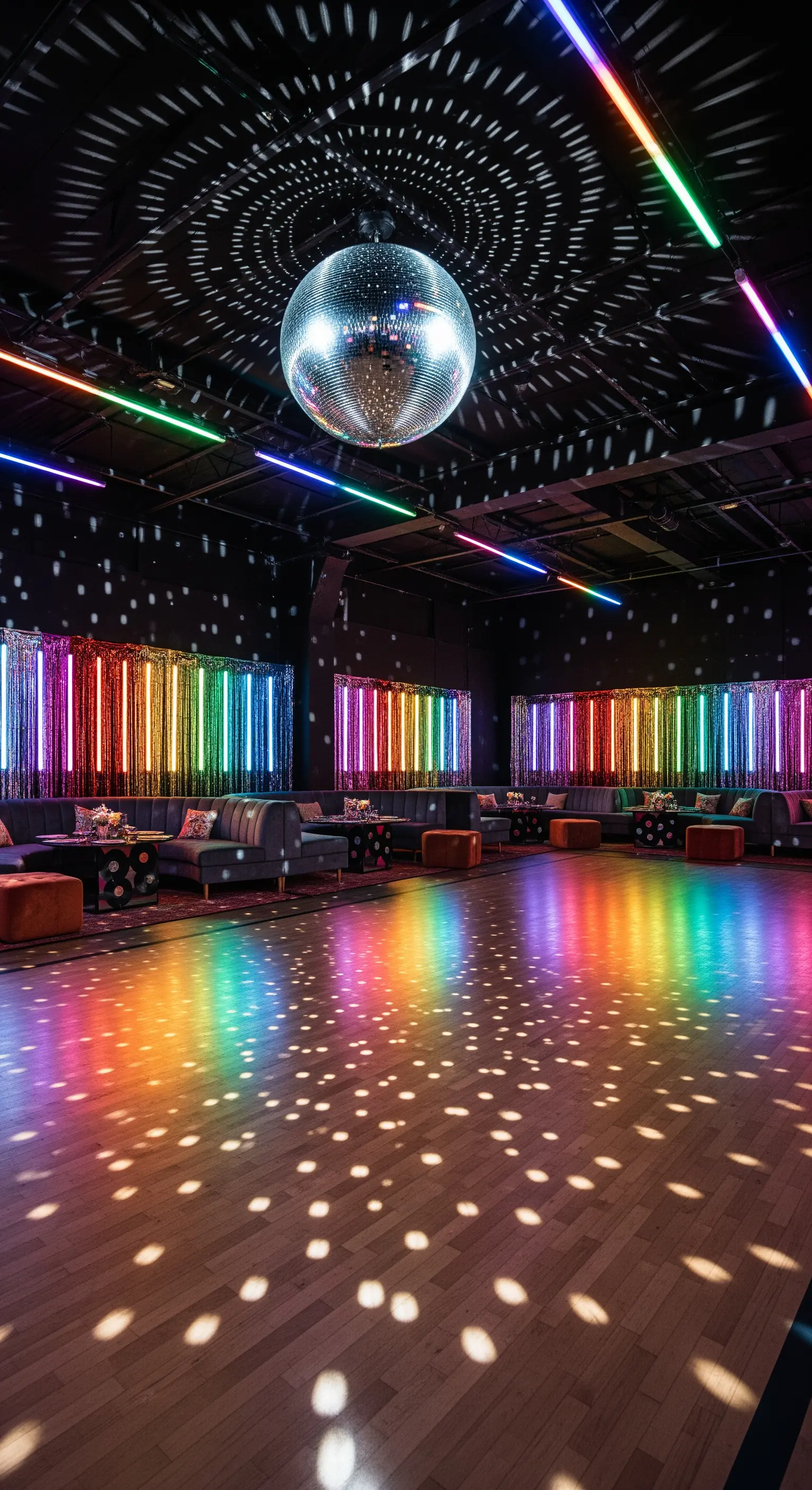 Pista da ballo con una grande mirror ball e luci arcobaleno che creano riflessi colorati.