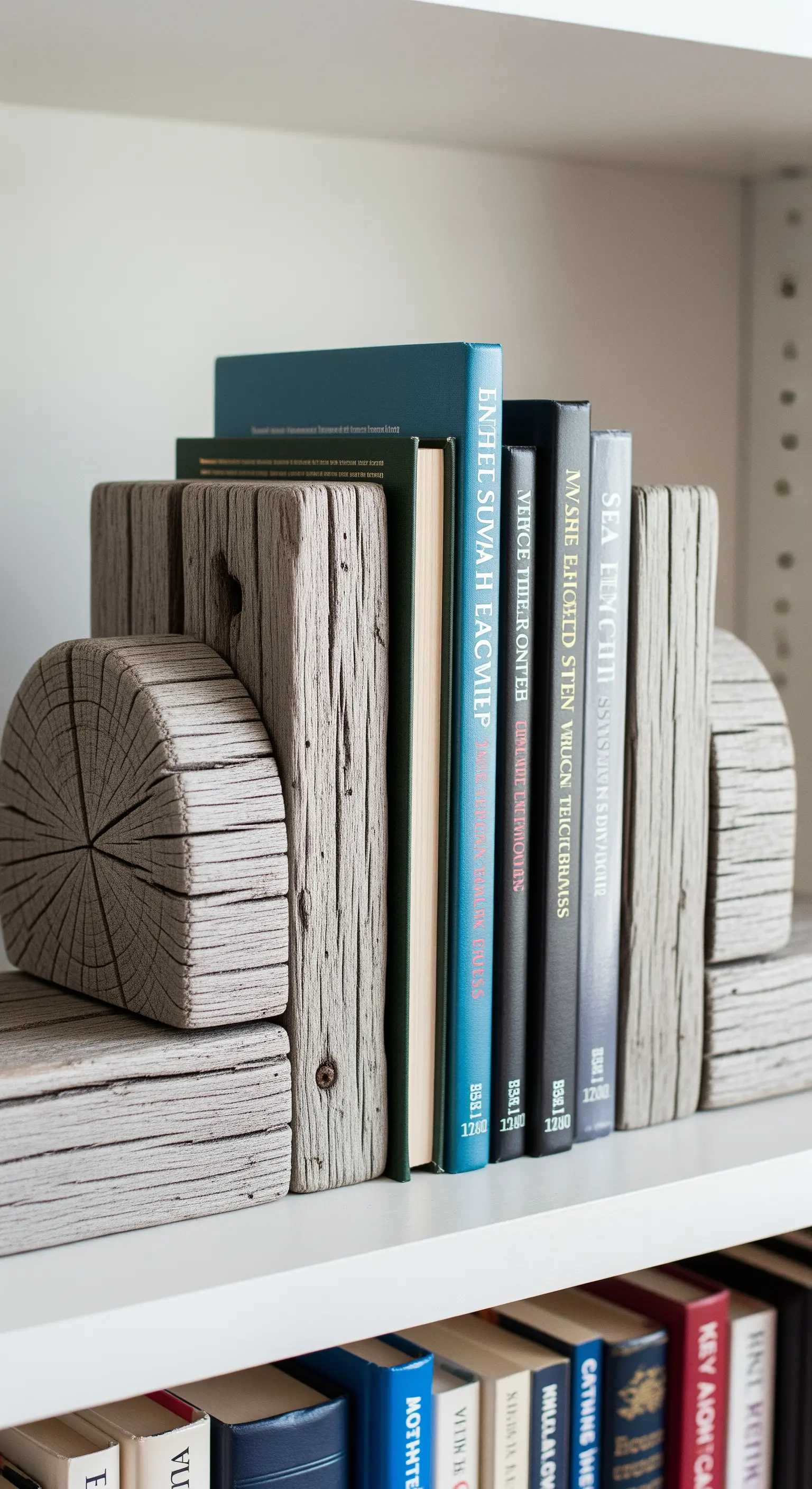 Fermalibri in legno di recupero con una finitura grigia e vissuta, che sorreggono una fila di libri.