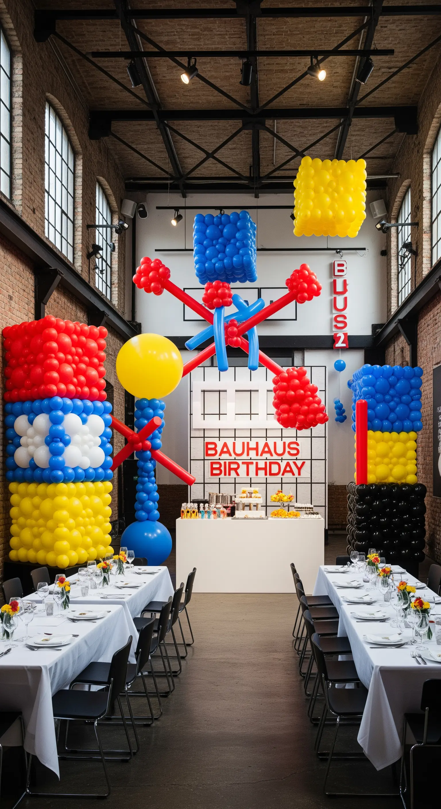 Festa a tema Bauhaus con sculture di palloncini geometriche e colorate in un loft industriale.