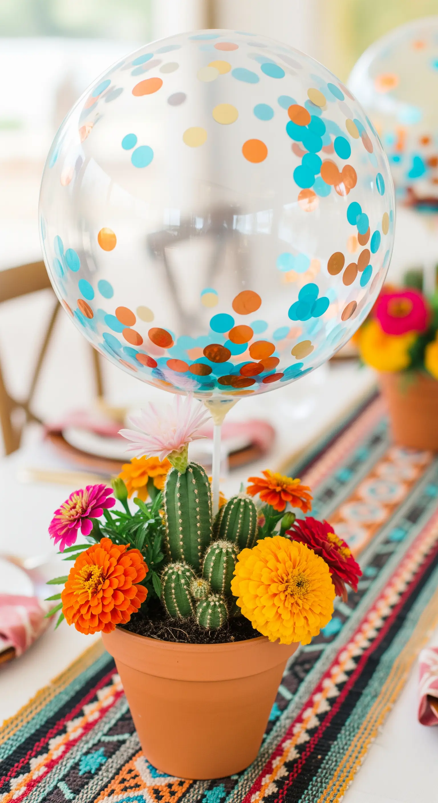 Centrotavola bohémien con cactus, fiori colorati e palloncino con coriandoli rame e turchese.