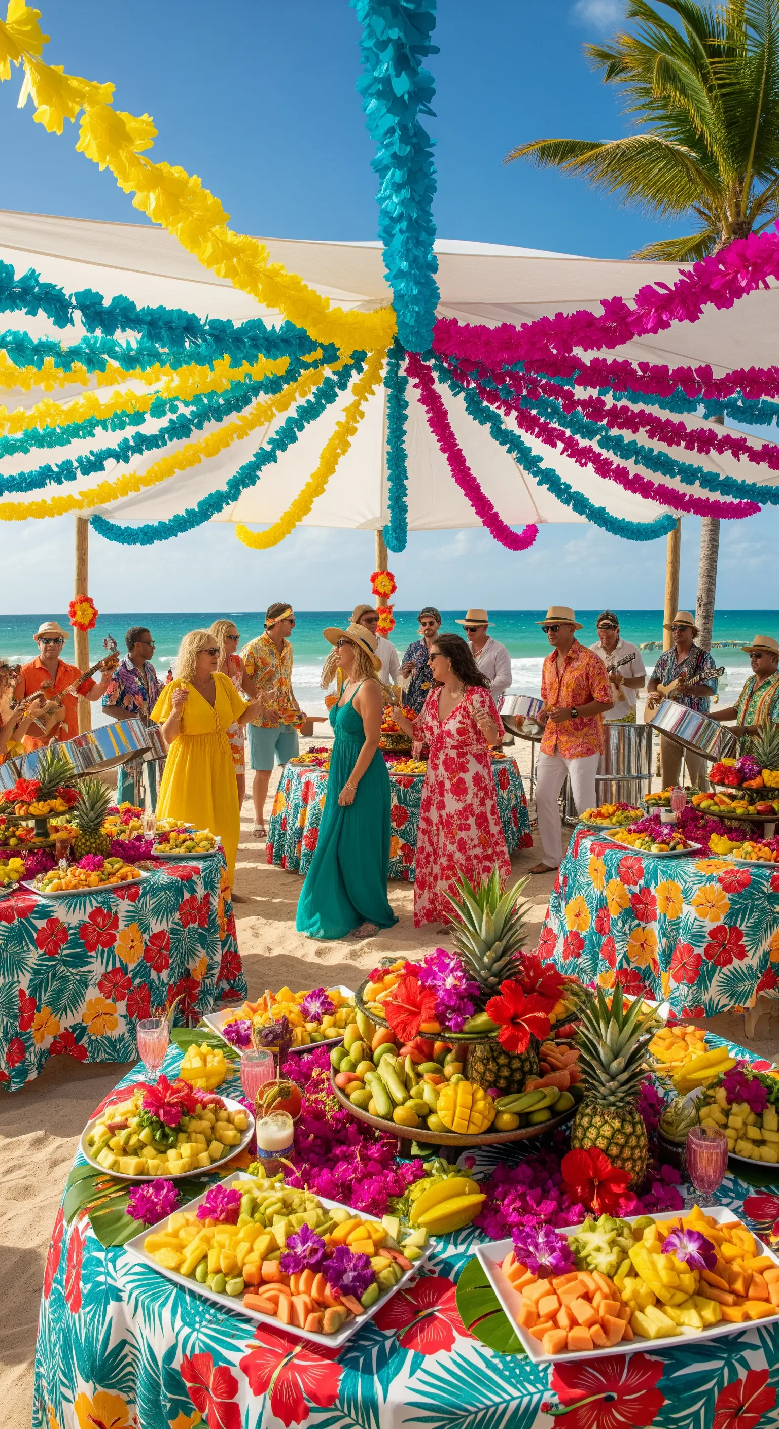 Festa caraibica sulla spiaggia con ghirlande colorate, tovaglie a fiori e frutta tropicale