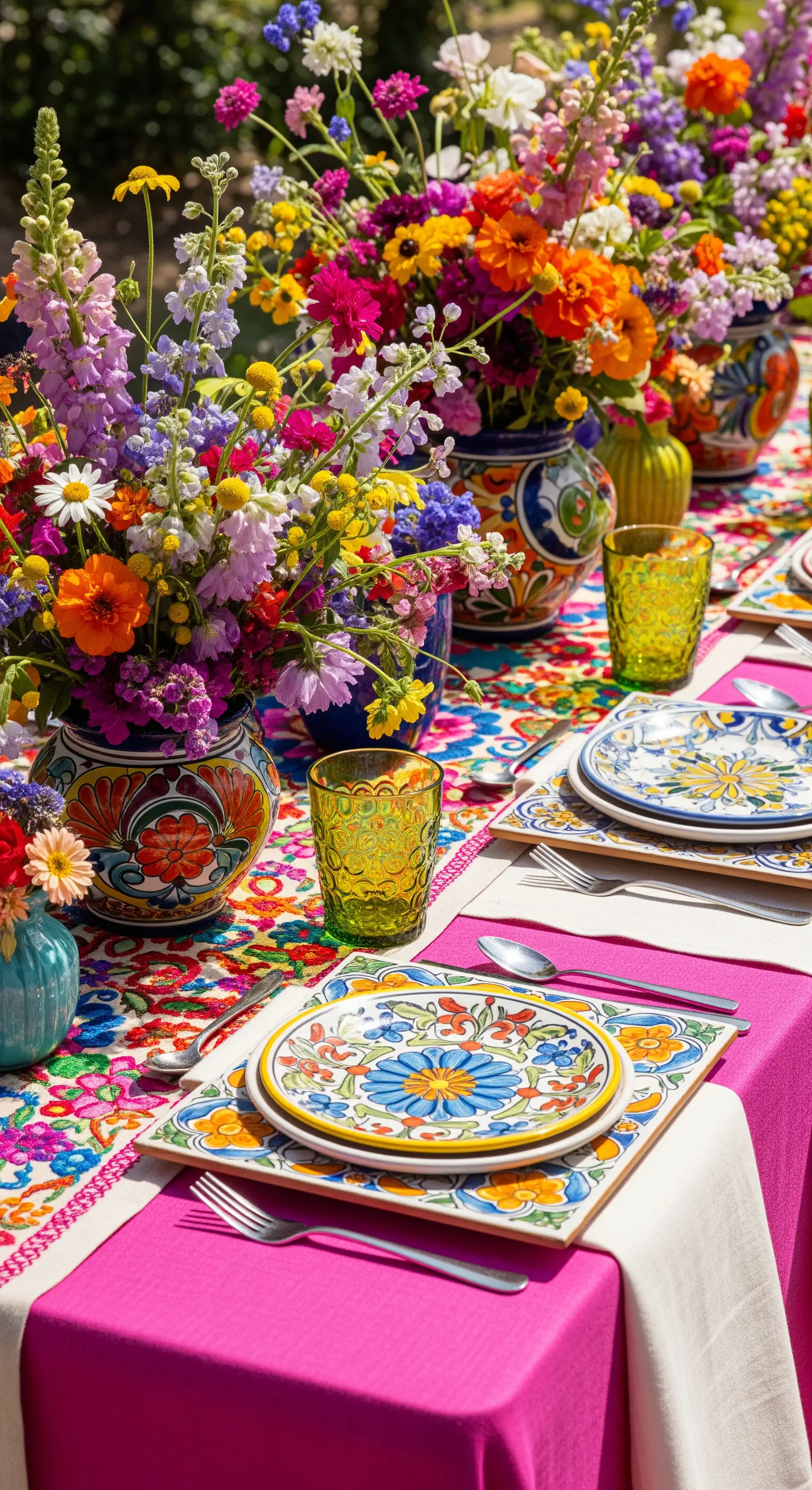 Tavola coloratissima con tovaglia fucsia, ceramiche messicane dipinte e fiori multicolore.