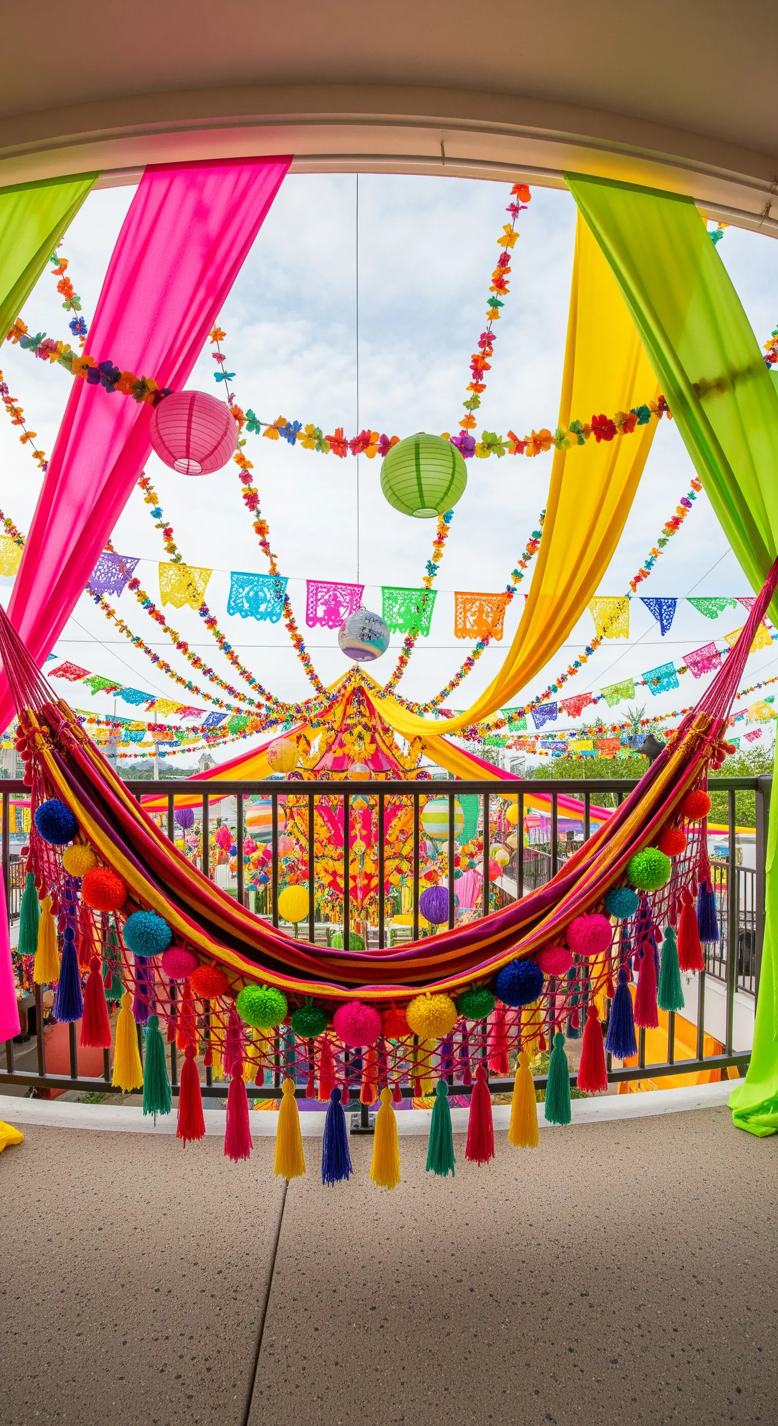 Balcone festivo con ghirlande colorate, festoni e un'amaca a righe vivaci.