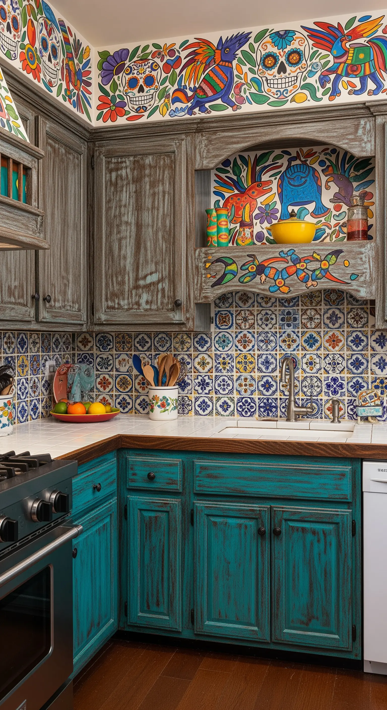 Cucina in stile messicano con fregio colorato a tema 