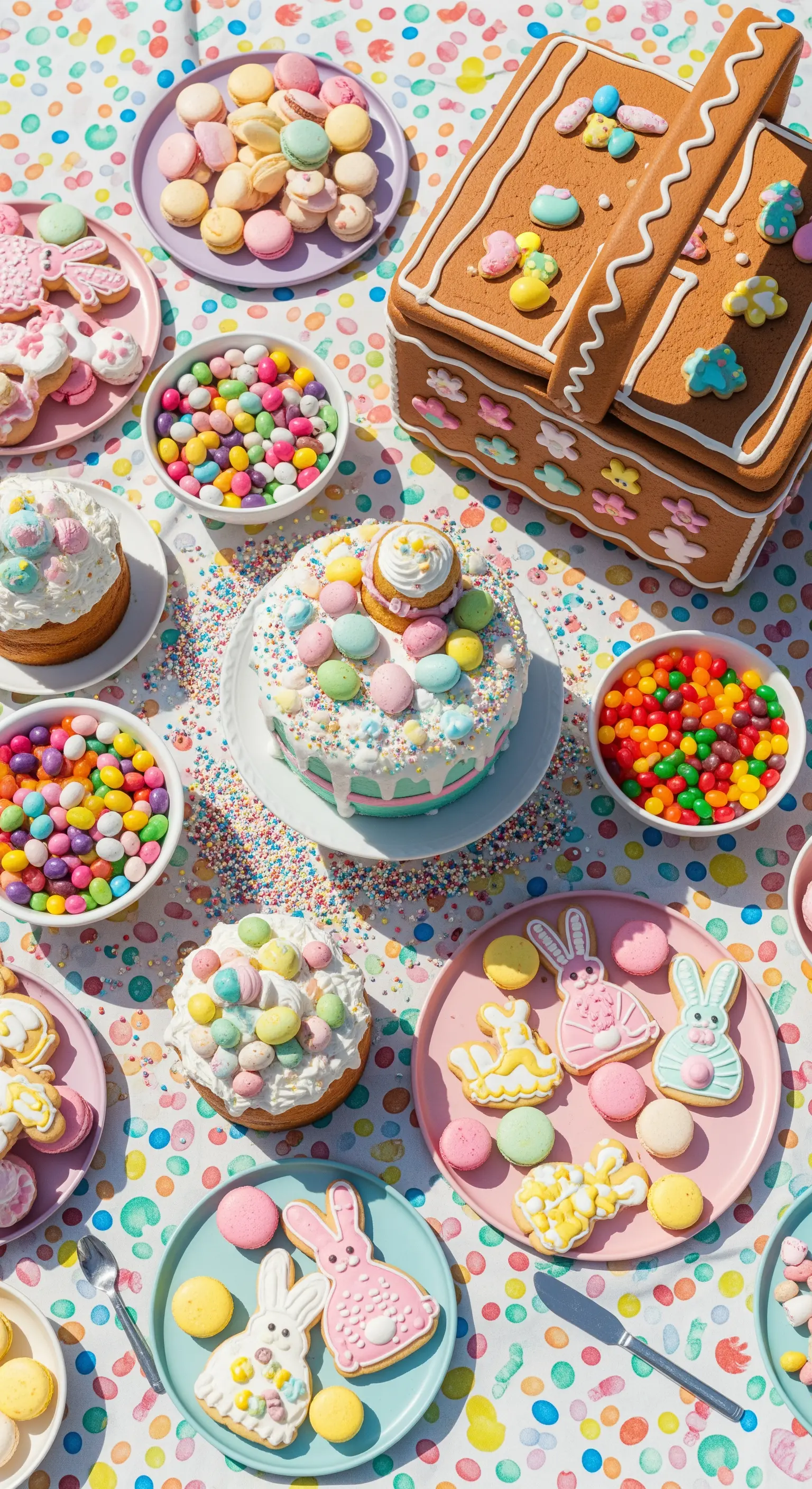 Tavola da picnic per bambini piena di dolci pasquali, con una casetta di pan di zenzero e biscotti.