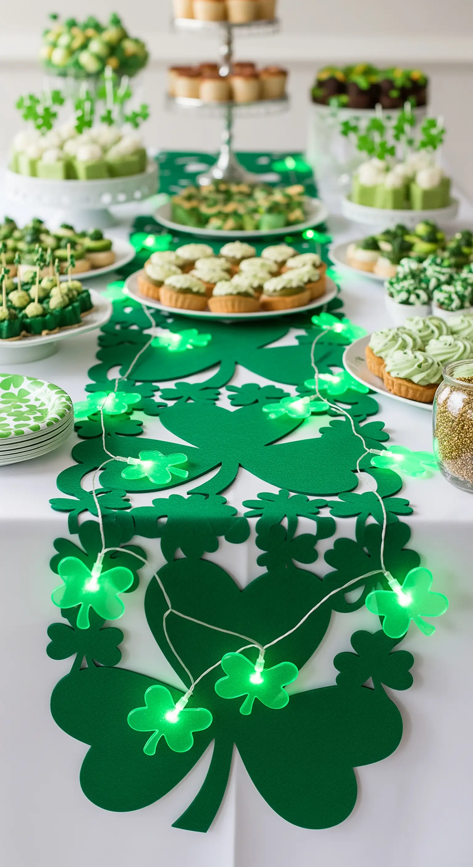 Runner di feltro verde con trifogli ritagliati e una catena luminosa a tema.