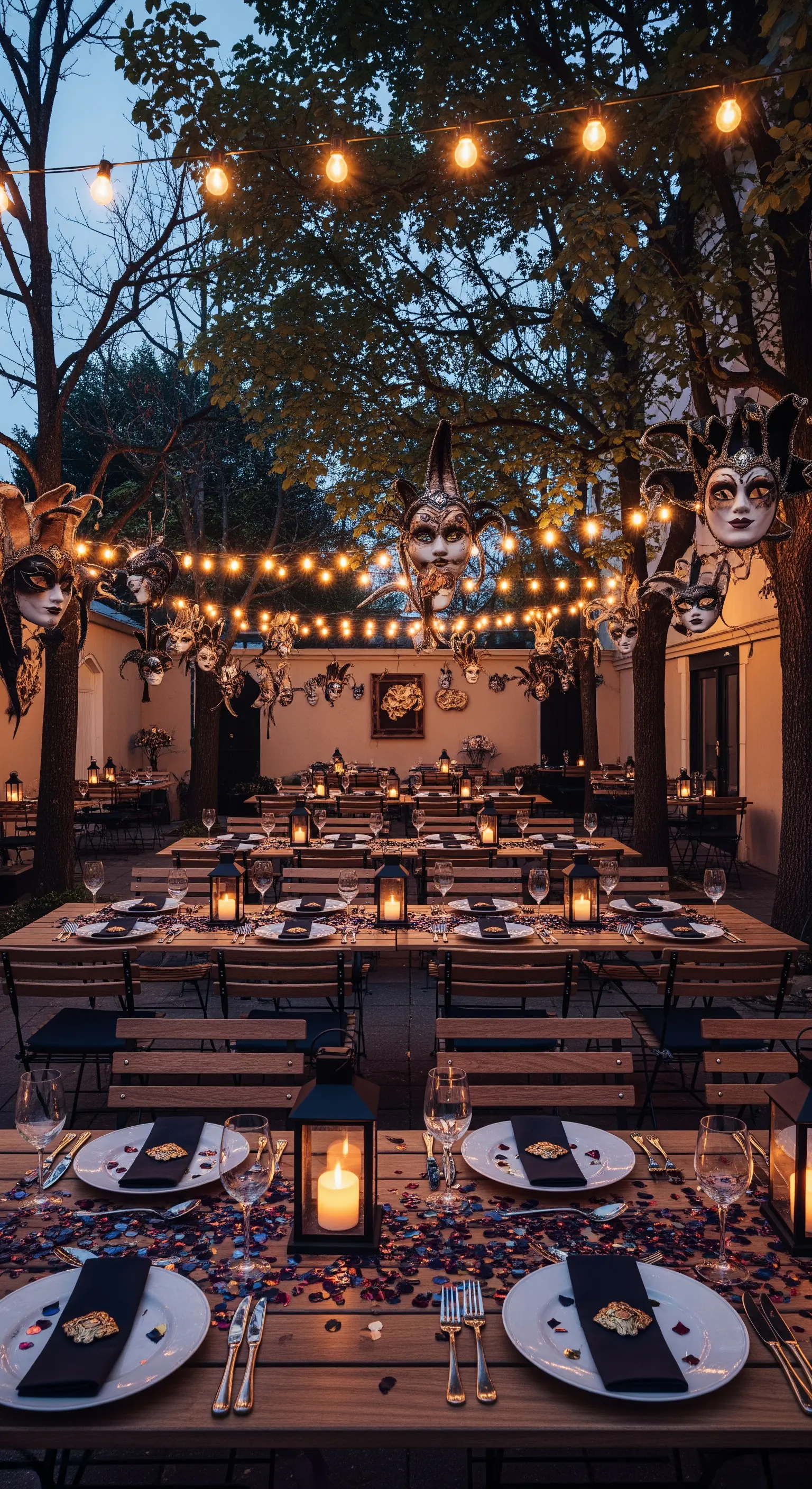 Festa di Carnevale in giardino di sera con maschere appese e lucine tra gli alberi.