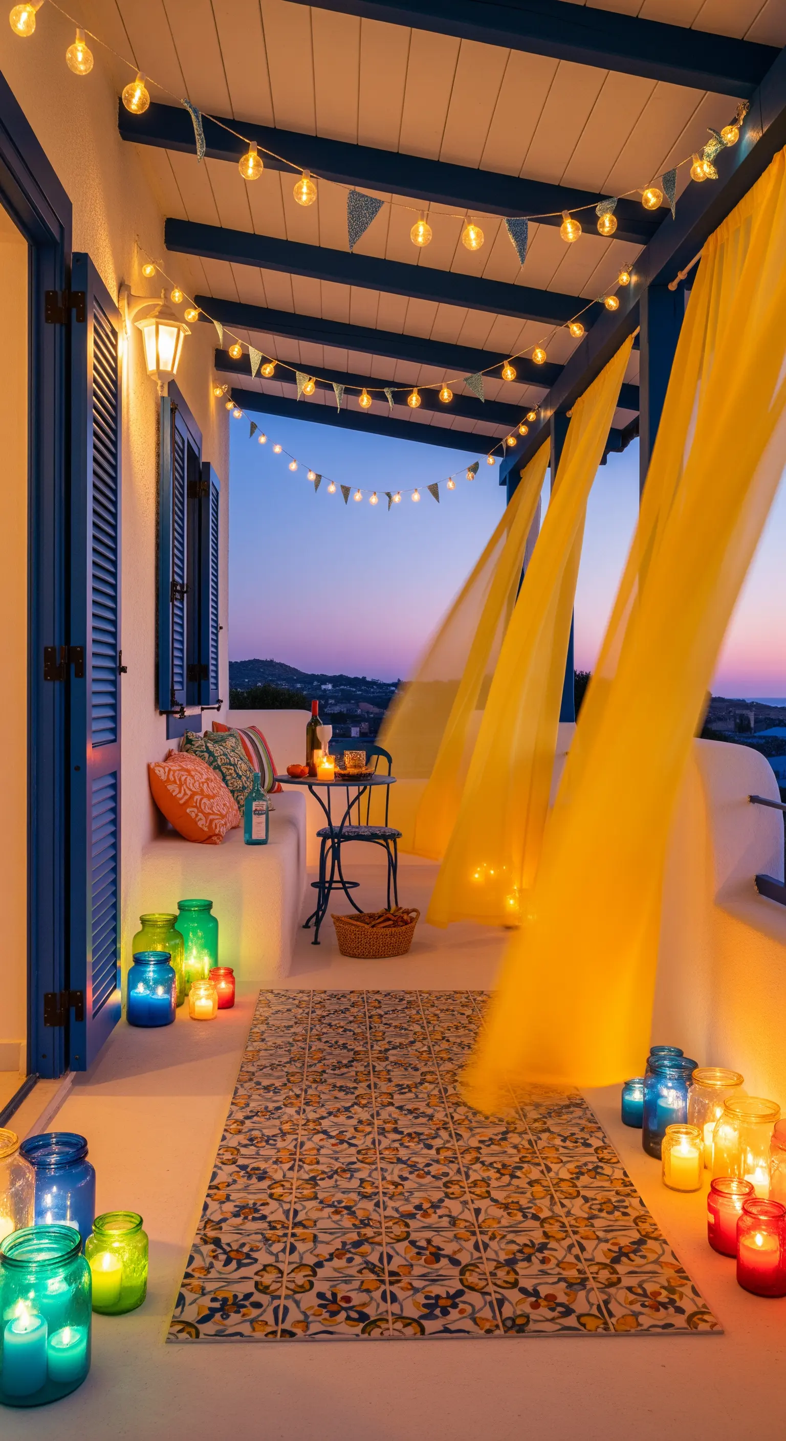 Balcone in stile greco con tende gialle, luci a catena e lanterne di vetro colorato.