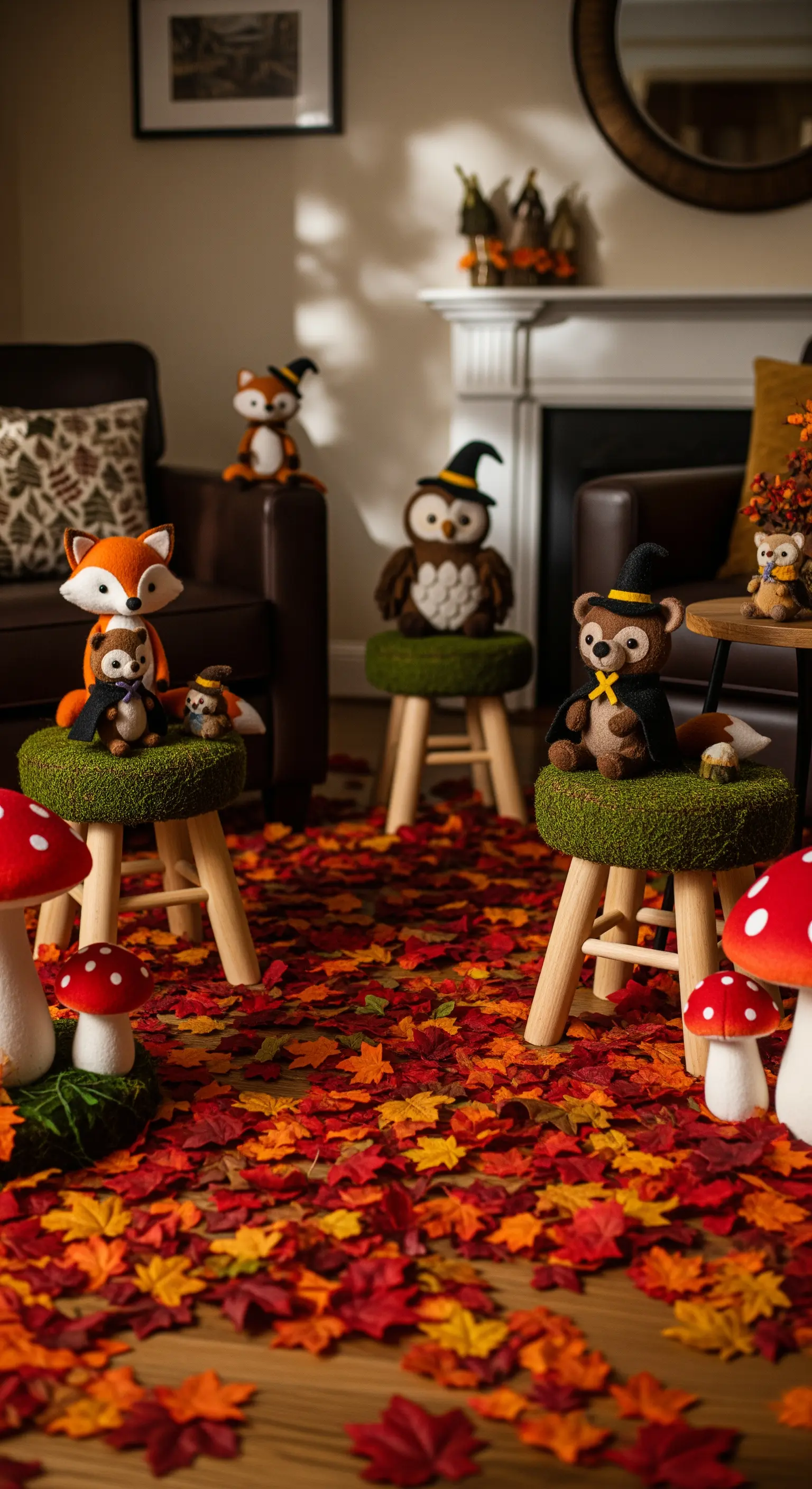 Scena autunnale con pupazzi di animali del bosco con cappelli da strega e foglie sul pavimento.