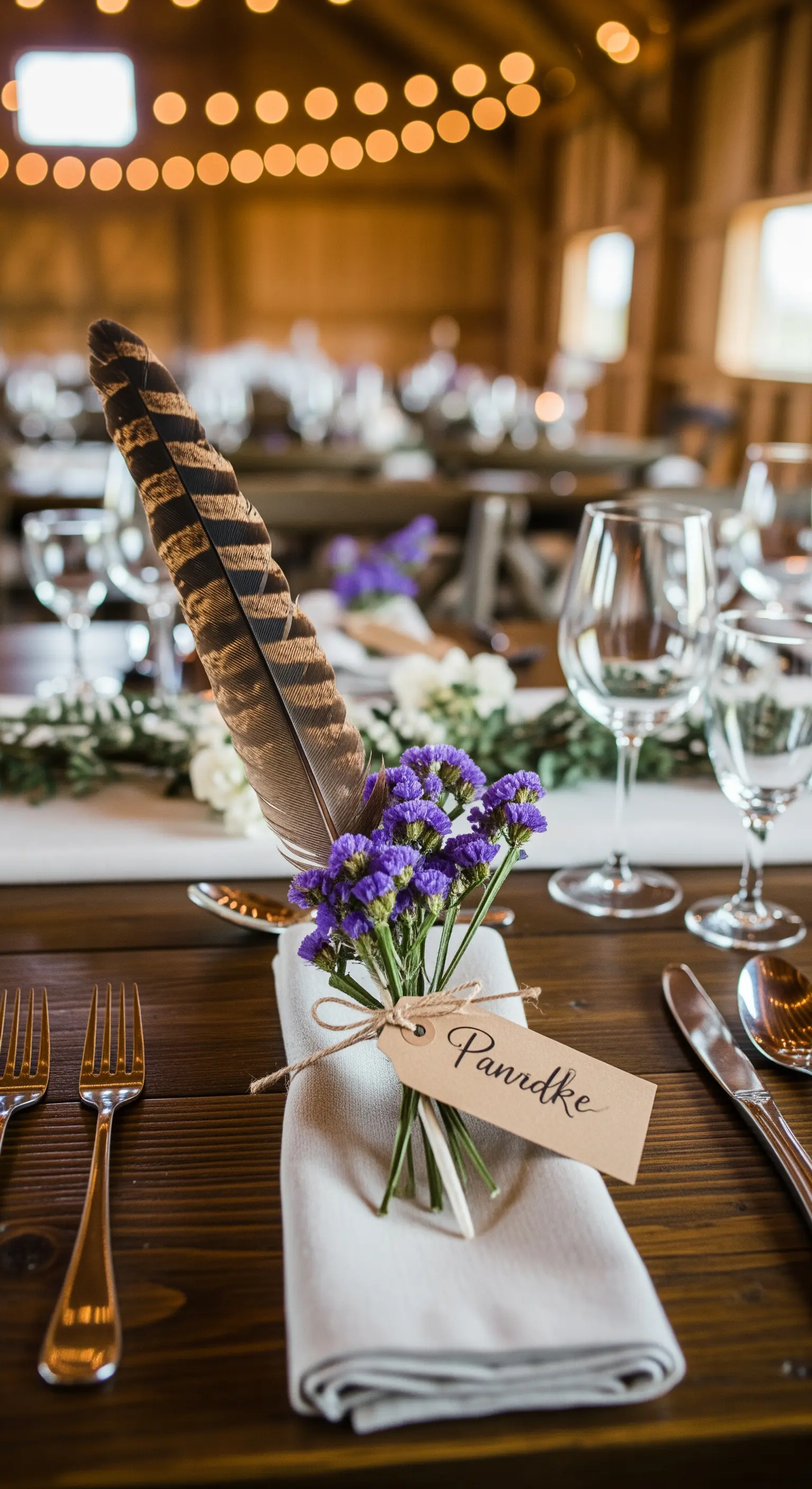 Segnaposto rustico-chic legato a un tovagliolo con spago, fiori viola e una grande piuma.