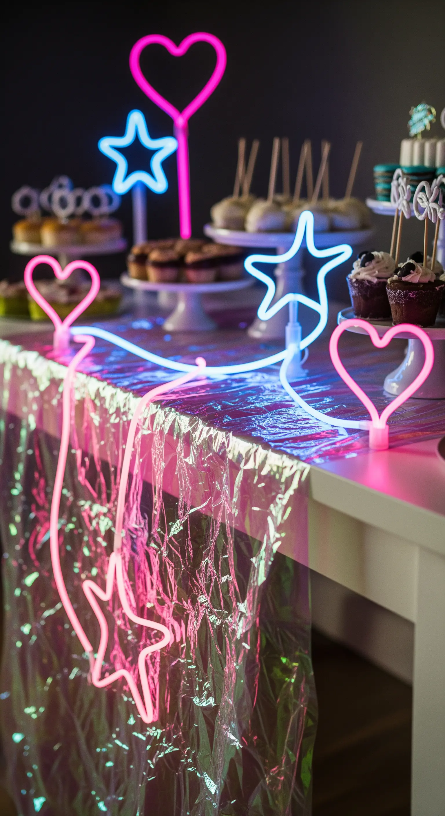 Runner di cellophane iridescente con luci al neon rosa e blu a forma di cuore e stella.