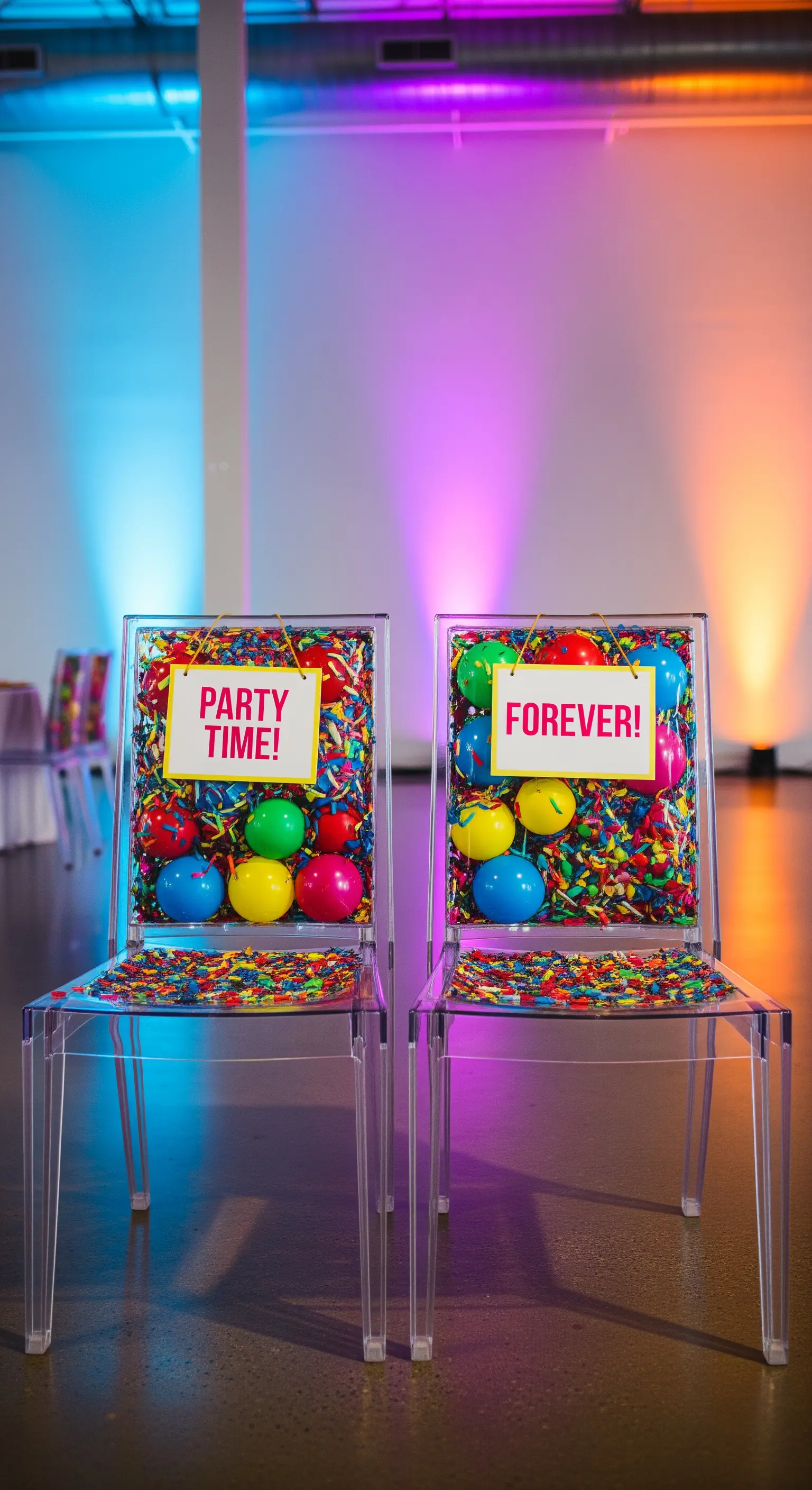 Sedie trasparenti riempite di coriandoli e palline colorate con insegne 'Party Time! Forever!'.
