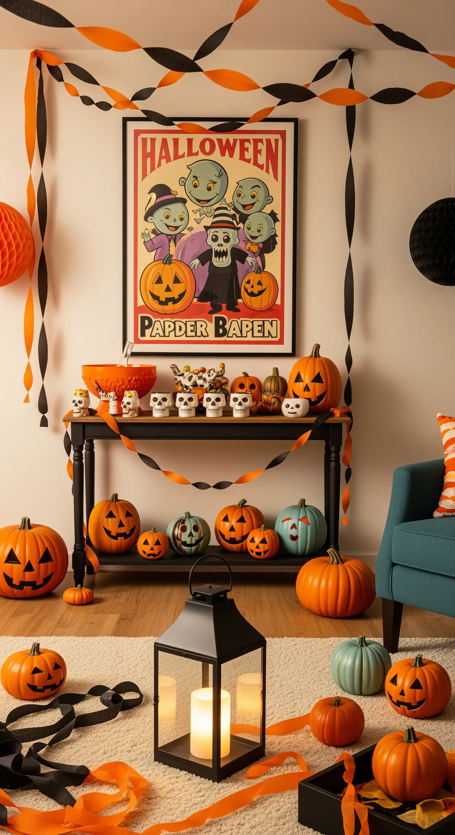 Angolo festa di Halloween con poster colorato, zucche sorridenti, festoni di carta e ciotole a forma di teschio.