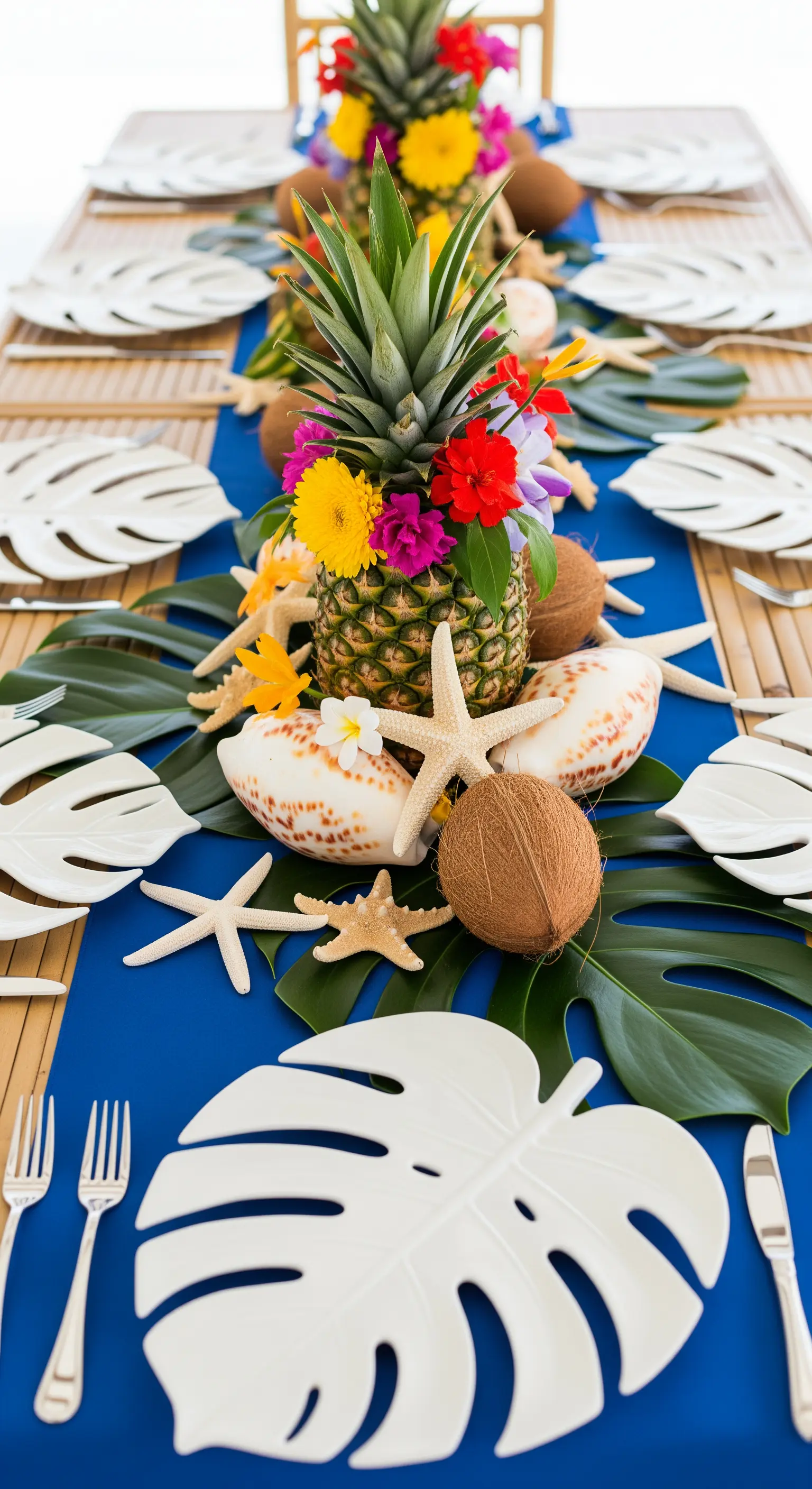 Tavola tropicale con runner blu, ananas usati come vasi e sottopiatto a foglia di monstera.